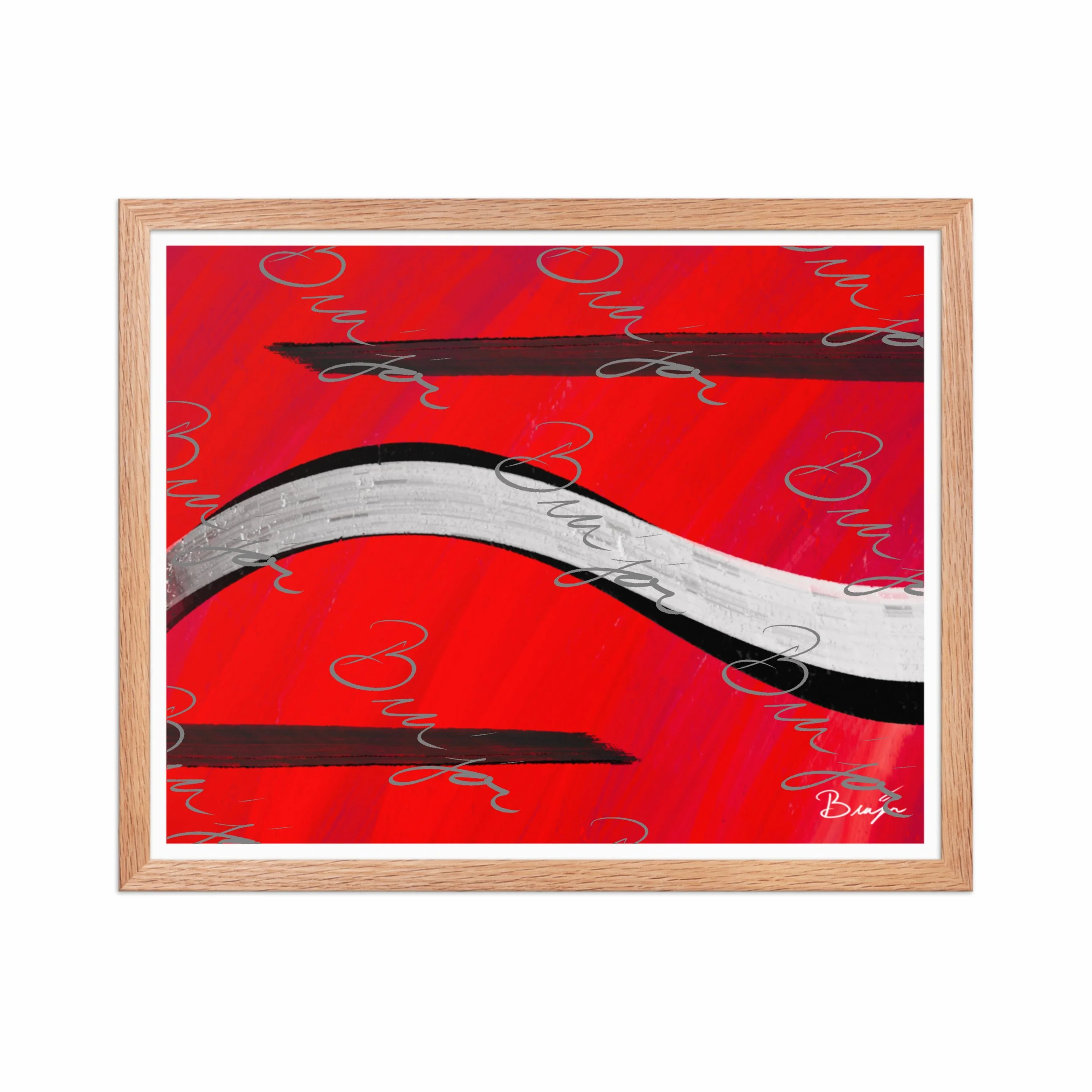 16x20 Red Oak Framed abstract artwork titled Smooth Groove designed by the digital abstract artist Bra'jor. Artwork includes the colors Red, Black, and White