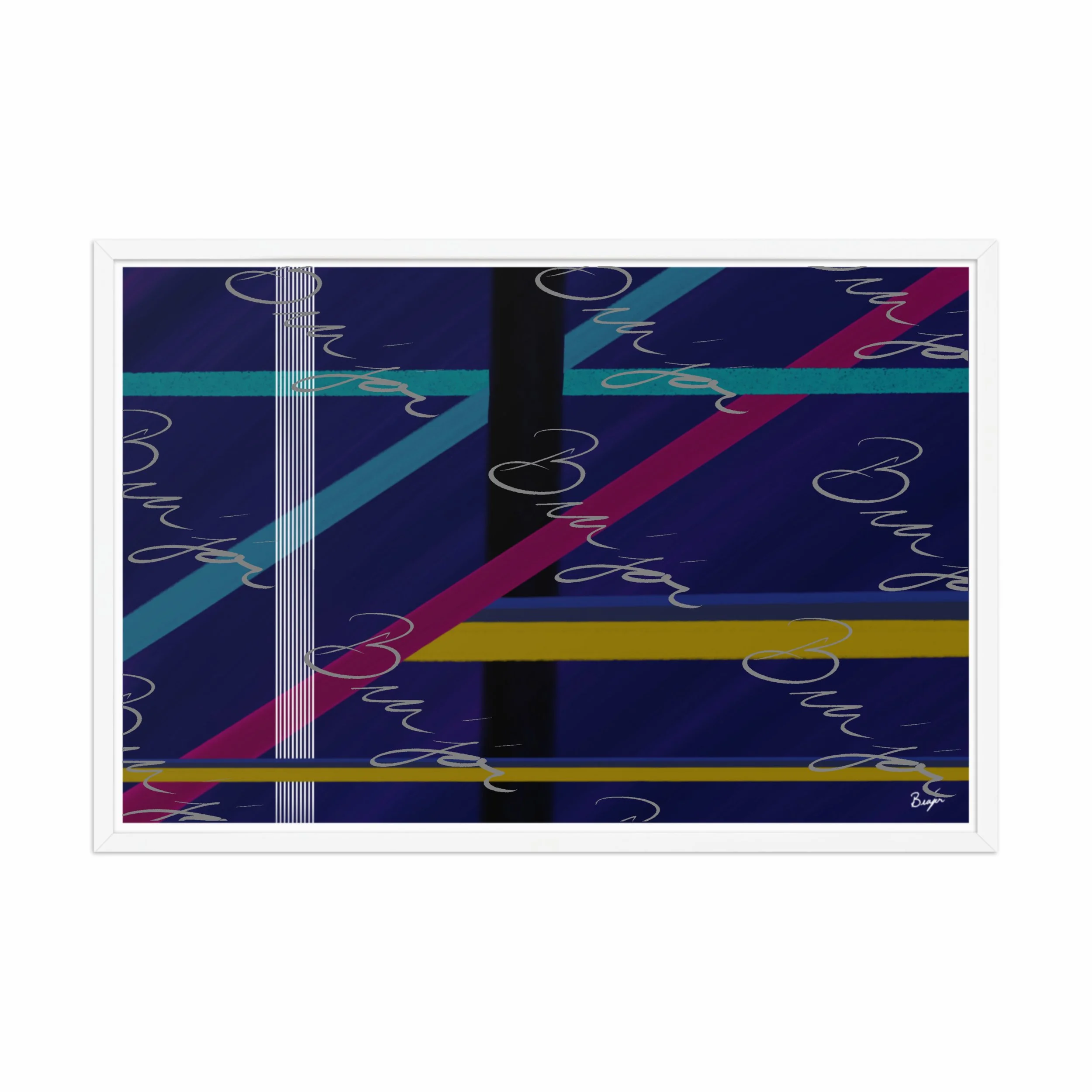 24x36 White Framed Abstract artwork titled Destinations designed by the digital abstract artist Bra'jor. Artwork includes the colors Black, Blue, Yellow, Pink, and White