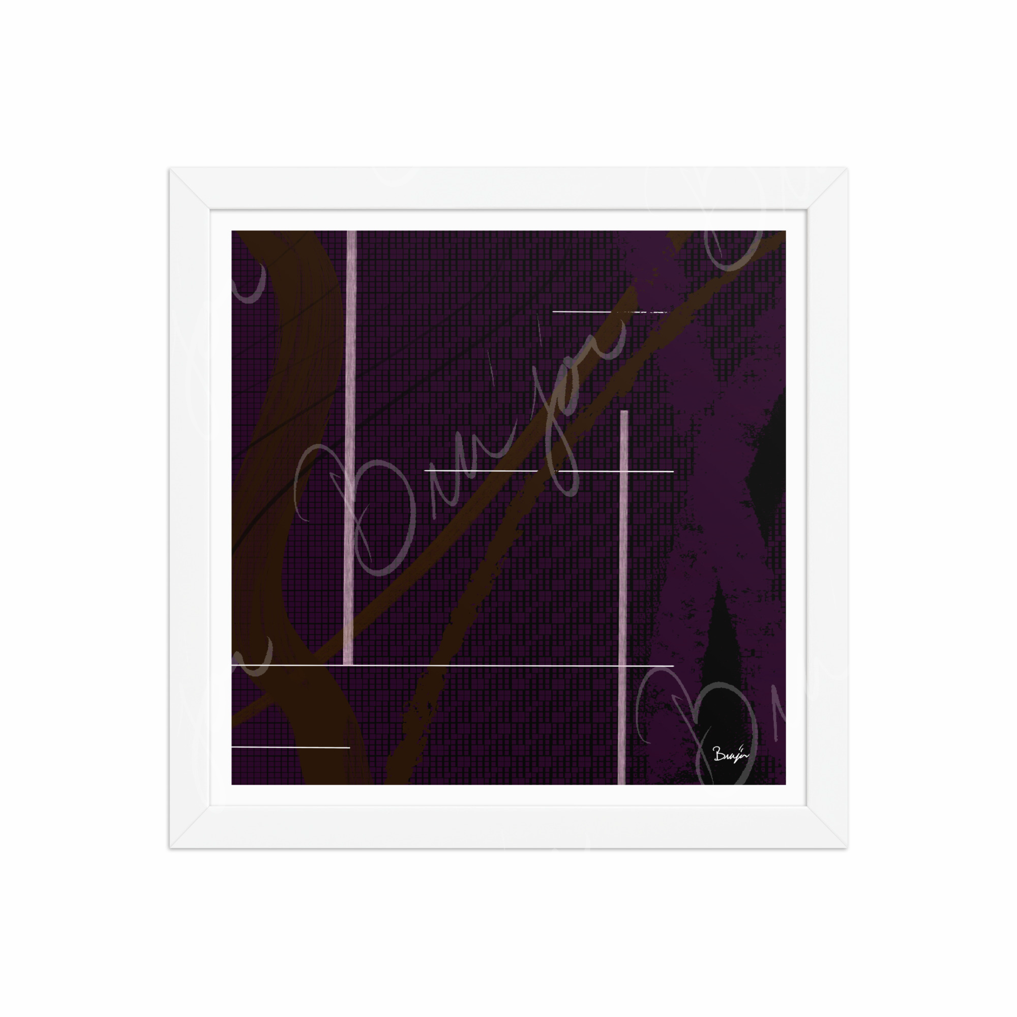 12x12 White Framed Abstract artwork titled Out of the Box designed by the digital abstract artist Bra'jor. Artwork includes the colors Purple, Brown, Black, and White