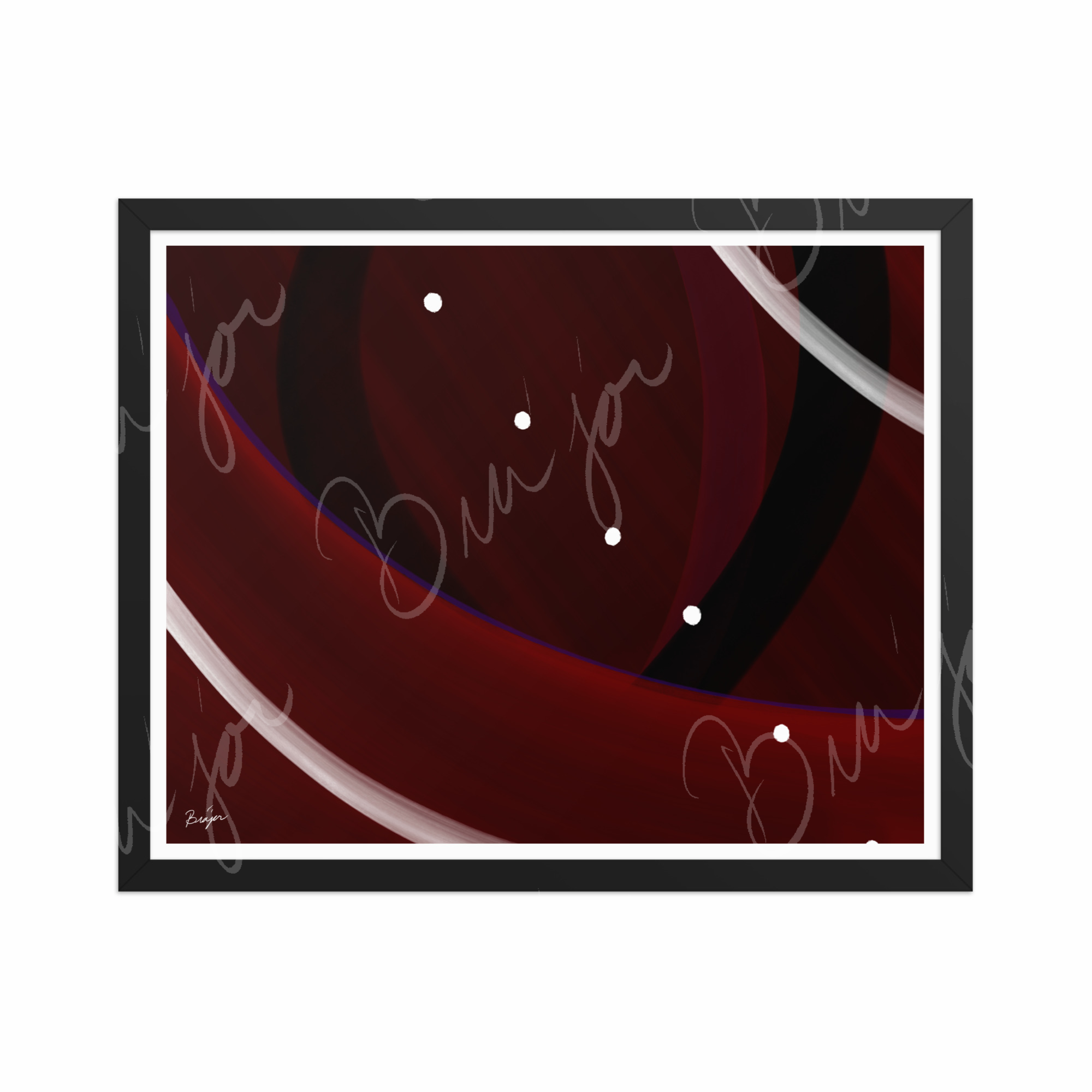 16x20 Black Framed Abstract artwork titled Trail Back designed by the digital abstract artist Bra'jor. Artwork includes the colors Red, Black, Purple, and White