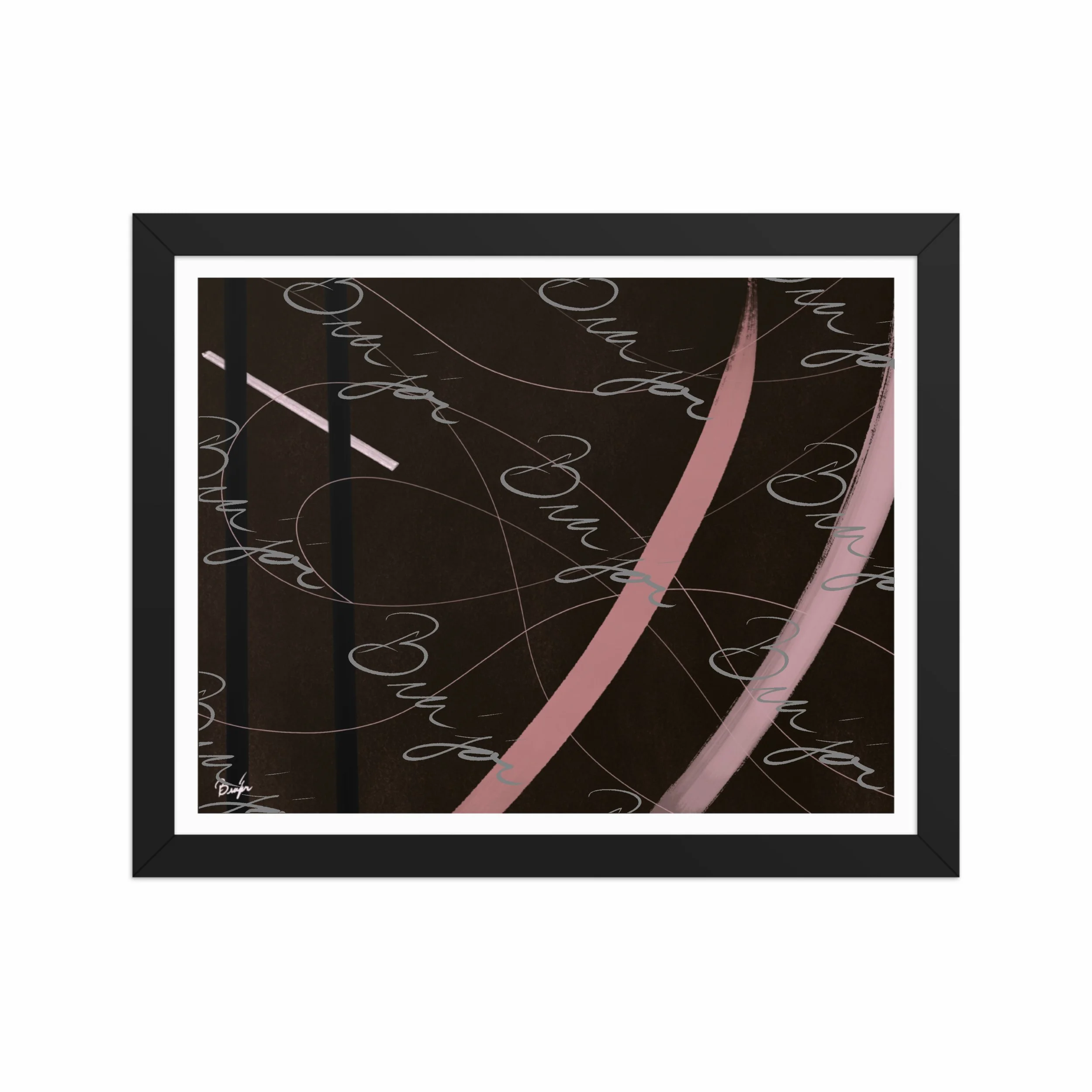 11x14 Black Framed abstract artwork titled Beholder designed by the digital abstract artist Bra'jor. Artwork includes the colors Brown, Pink, Black, and White