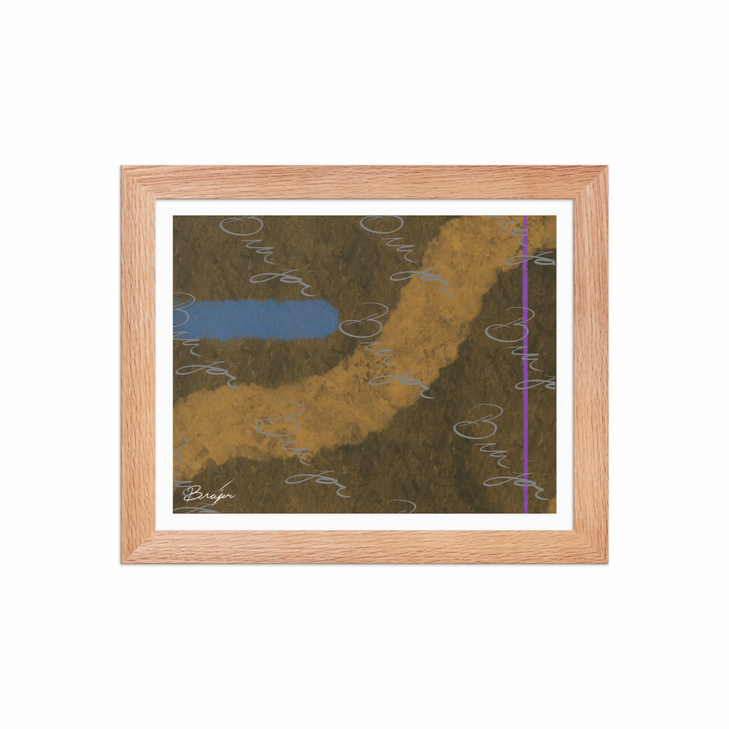 8x10 Red Oak Framed abstract artwork titled Gentle designed by the digital abstract artist Bra'jor. Artwork includes the colors Blue, Brown, Tan, Dark Green, and Purple