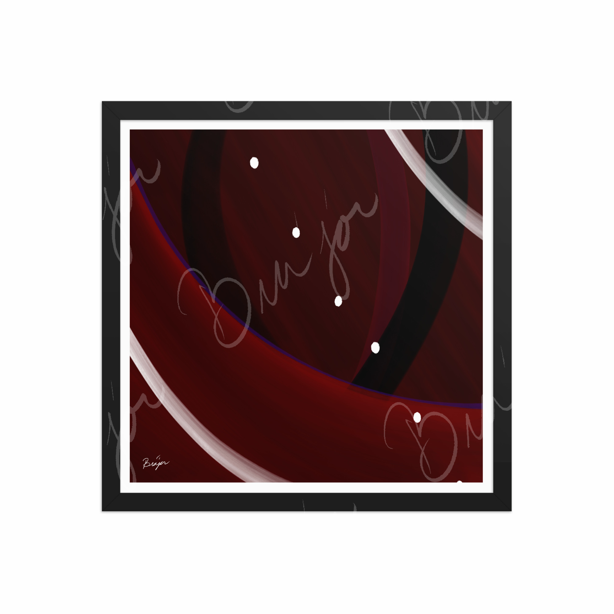 16x16 Black Framed Abstract artwork titled Trail Back designed by the digital abstract artist Bra'jor. Artwork includes the colors Red, Black, Purple, and White