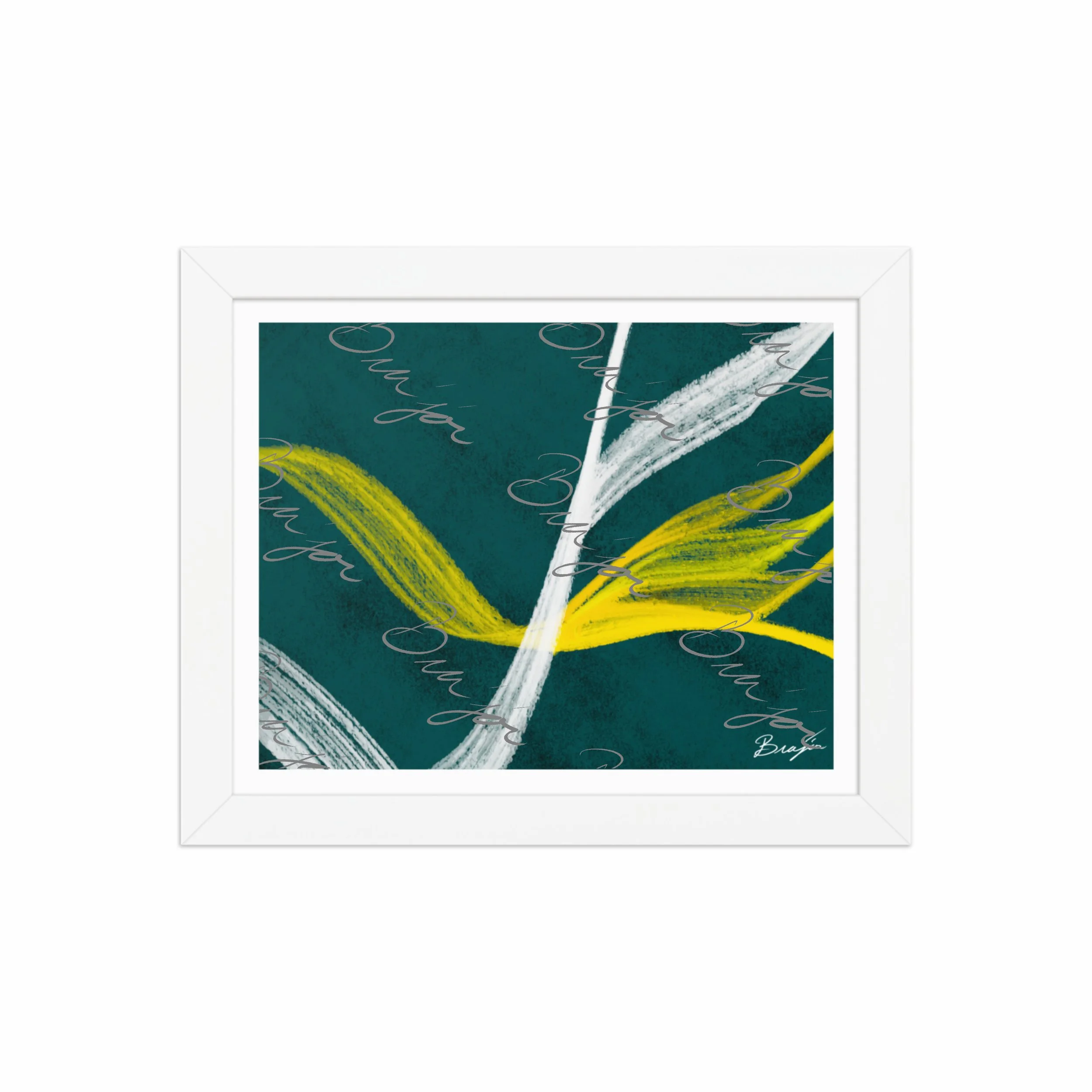 8x10 White Framed abstract artwork titled Beginnings designed by the digital abstract artist Bra'jor. Artwork includes the colors Yellow, Green, White, and Black
