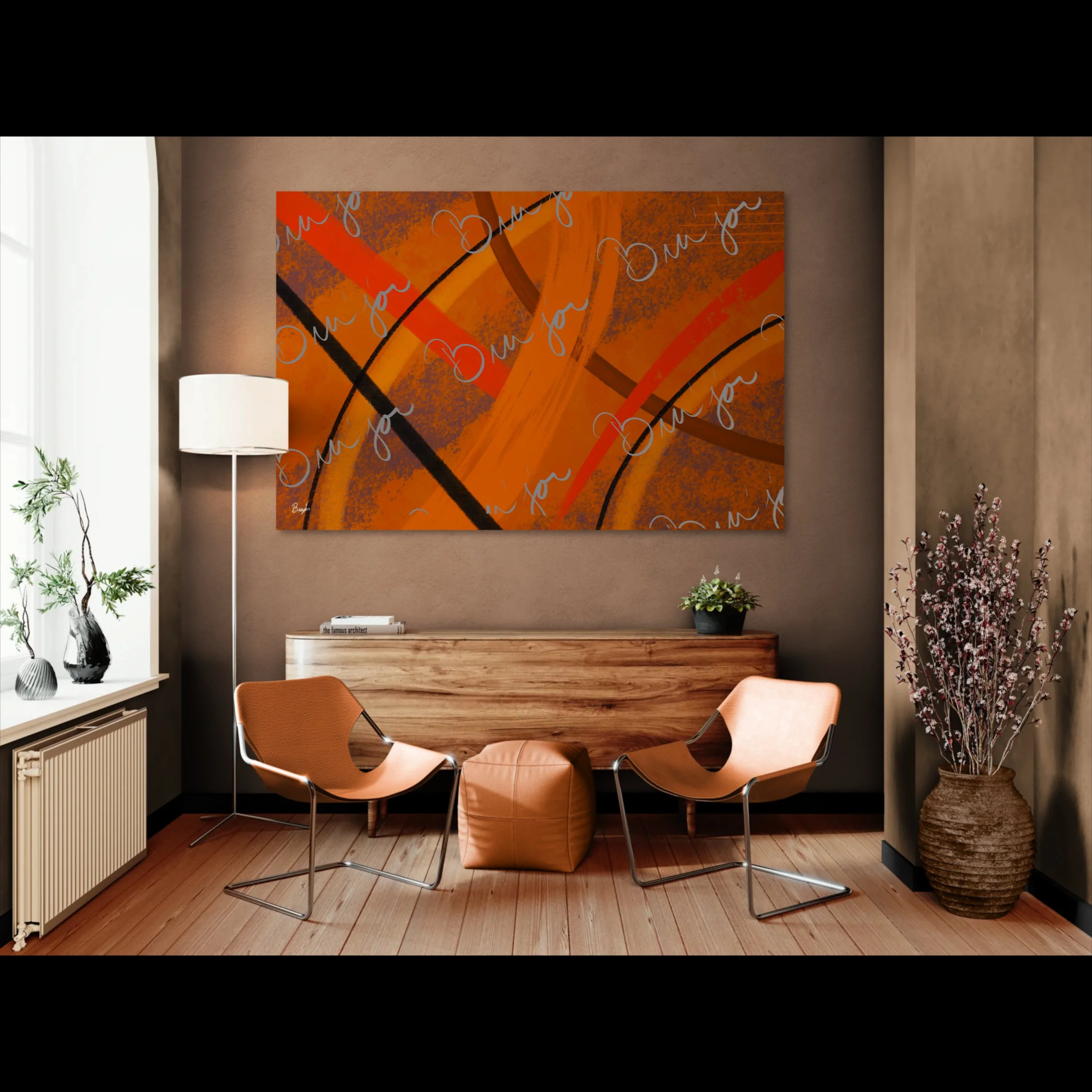 XL Canvas Abstract artwork titled Challenges designed by the digital abstract artist Bra'jor. Artwork includes the colors Orange, Brown, Blue, and Black
