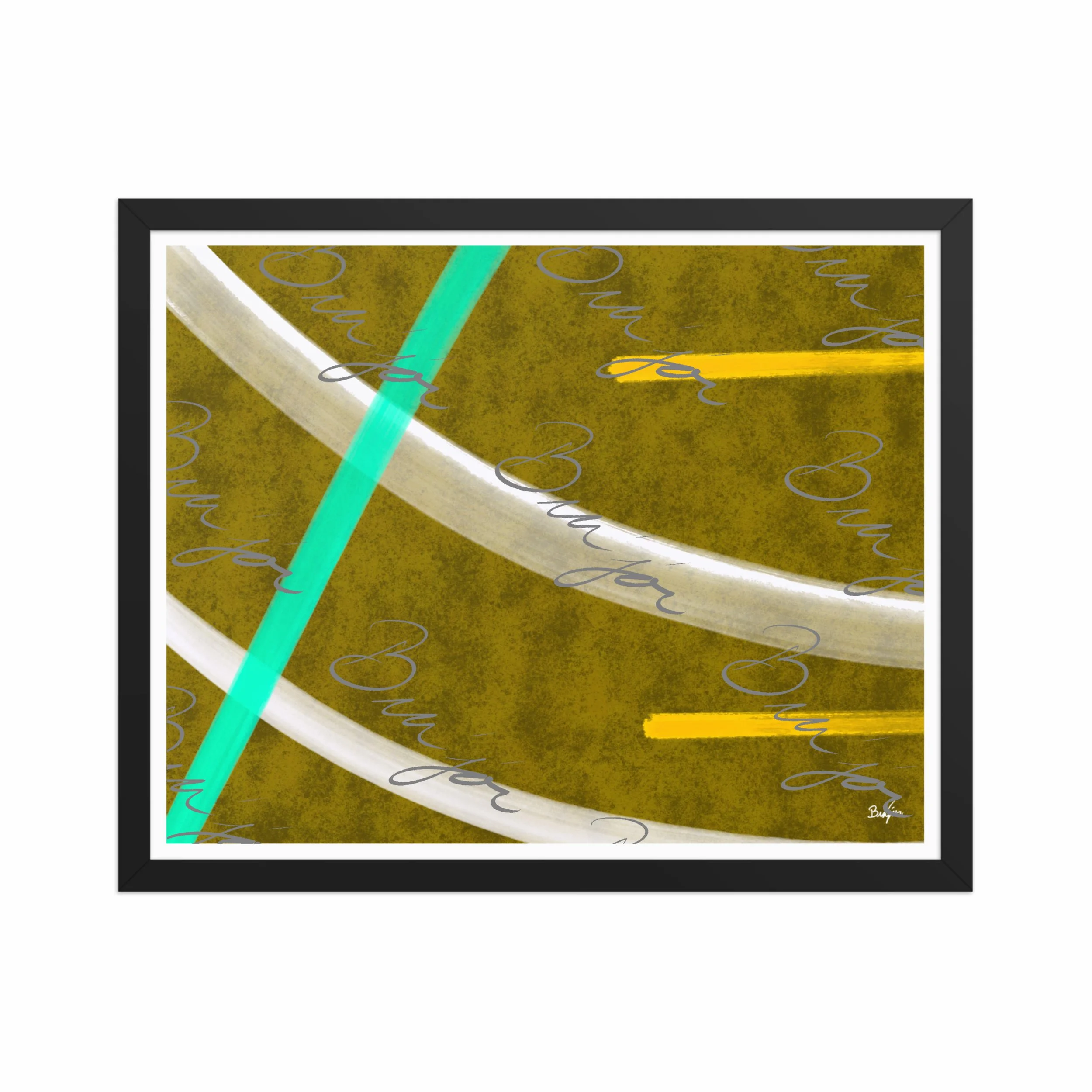 16x20 Black Framed Abstract artwork titled Hushed designed by the digital abstract artist Bra'jor. Artwork includes the colors Orange, Yellow, White, and Blue