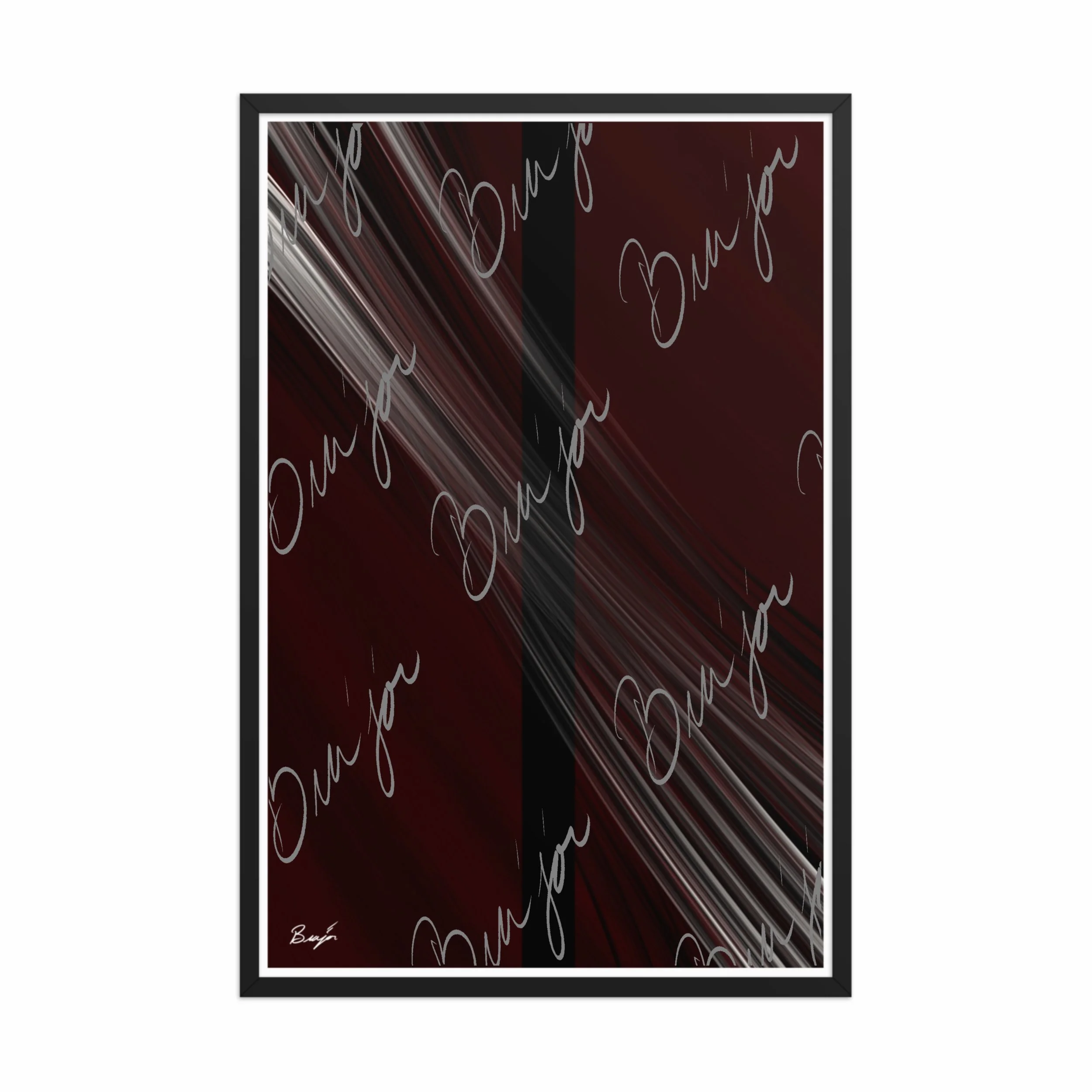 24x36 Black Framed abstract artwork titled Still Standing designed by the digital abstract artist Bra'jor. Artwork includes the colors Maroon, Red, Black, and White