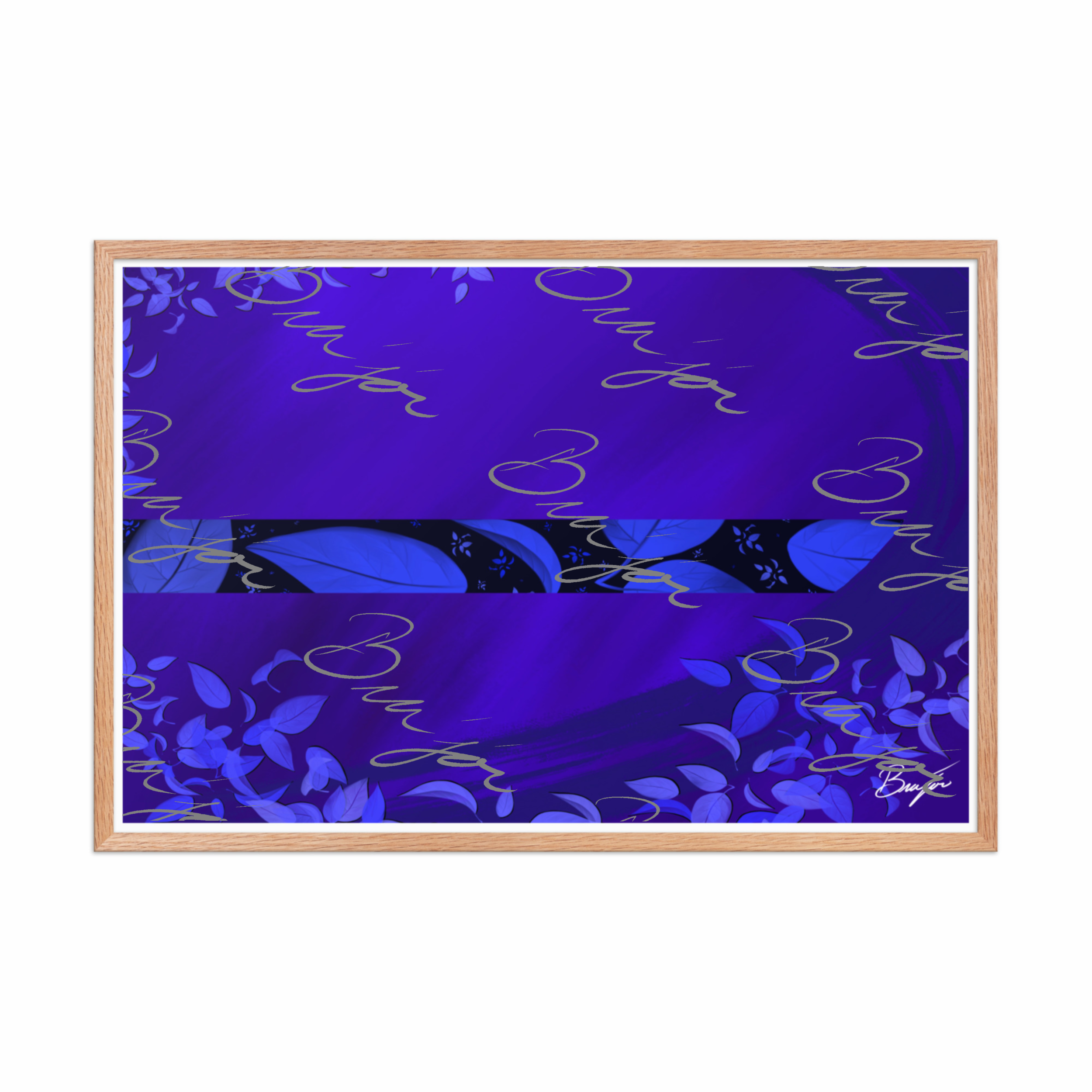 24x36 Red Oak Framed abstract artwork titled A Moment designed by the digital abstract artist Bra'jor. Artwork includes the colors Blue, Black, and Purple