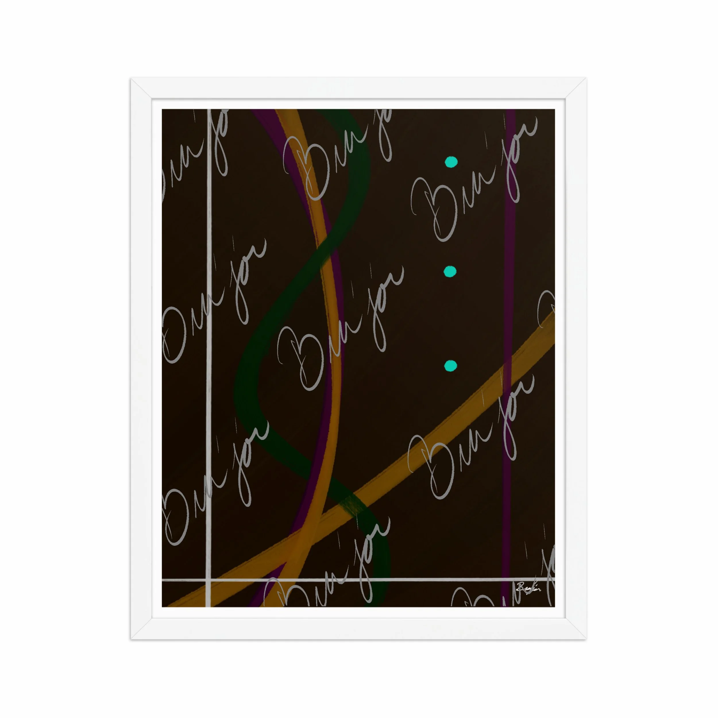 16x20 White Framed Abstract artwork titled Button Up designed by the digital abstract artist Bra'jor. Artwork includes the colors Orange, Purple, Green, White, and Brown