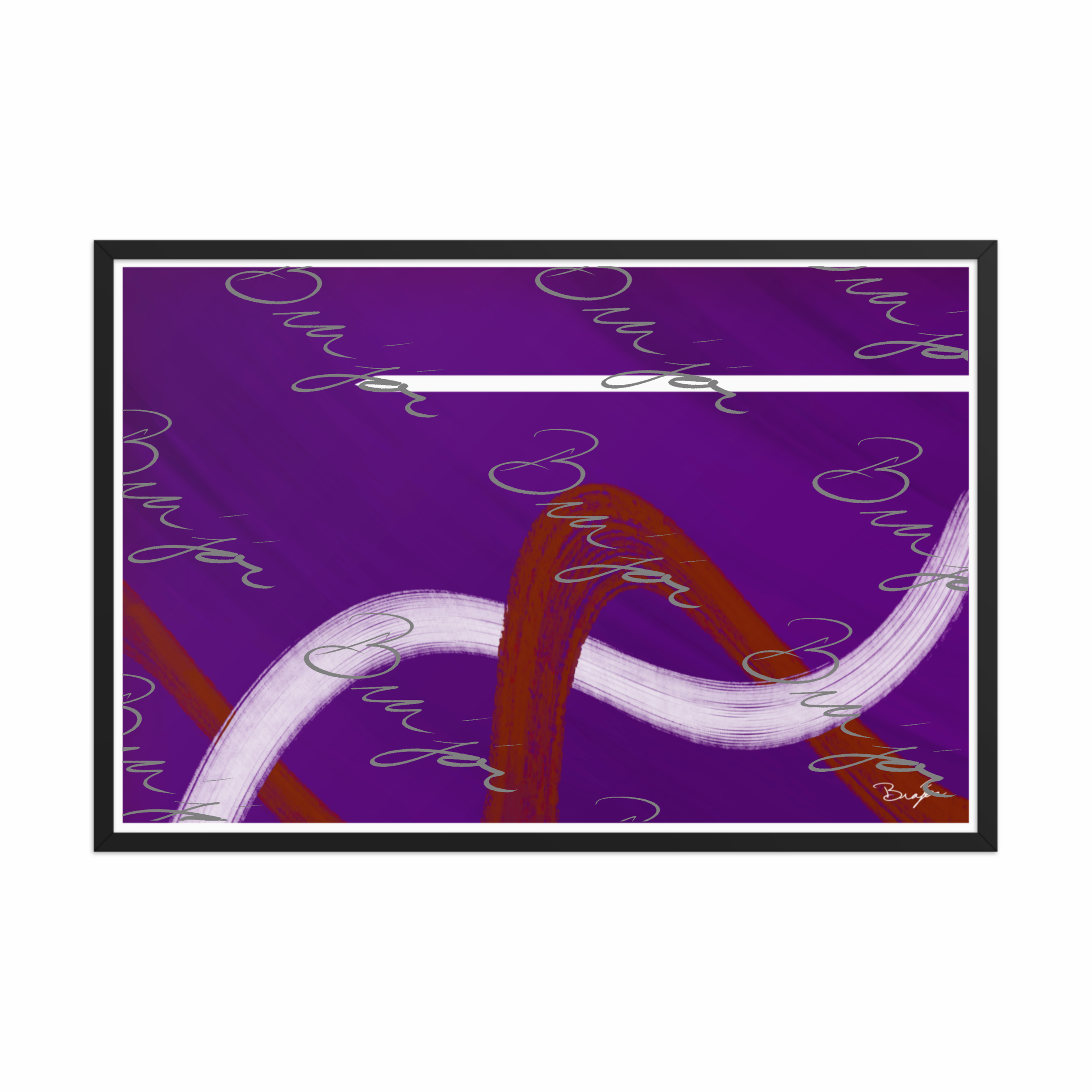 24x36 Black Framed abstract artwork titled Quiet designed by the digital abstract artist Bra'jor. Artwork includes the colors Purple, Red, and White