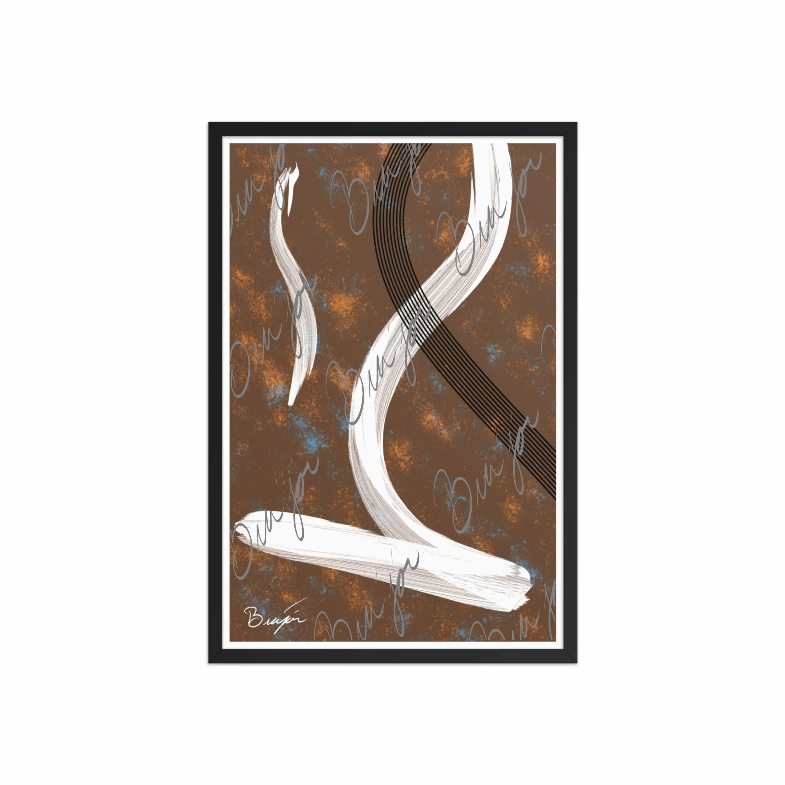 20x30 Black Framed abstract artwork titled My Heart designed by the digital abstract artist Bra'jor. Artwork includes the colors Brown, Orange, Blue, White, and Black