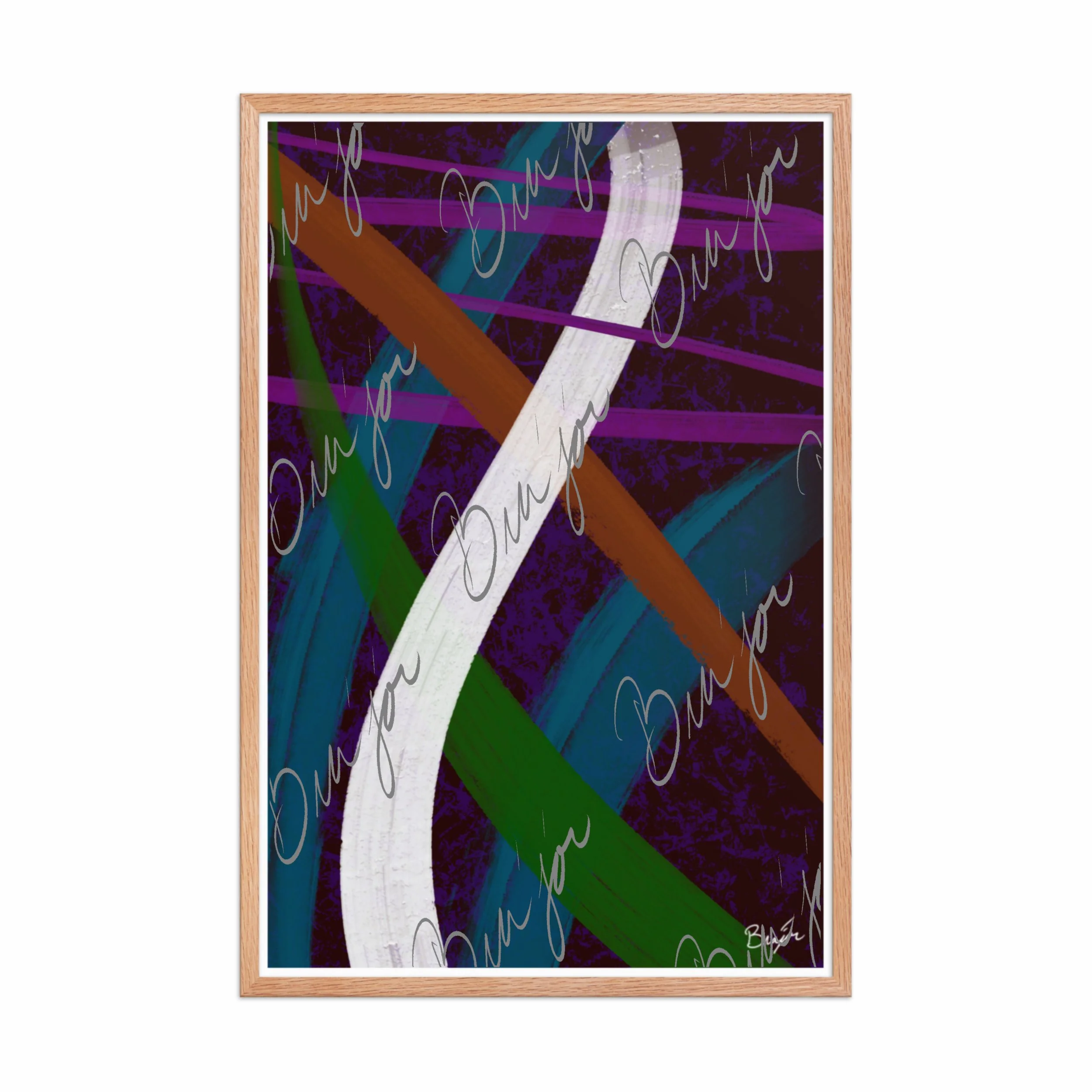 24x36 Red Oak Framed Abstract artwork titled Adventures designed by the digital abstract artist Bra'jor. Artwork includes the colors Purple, Blue, Orange, and White