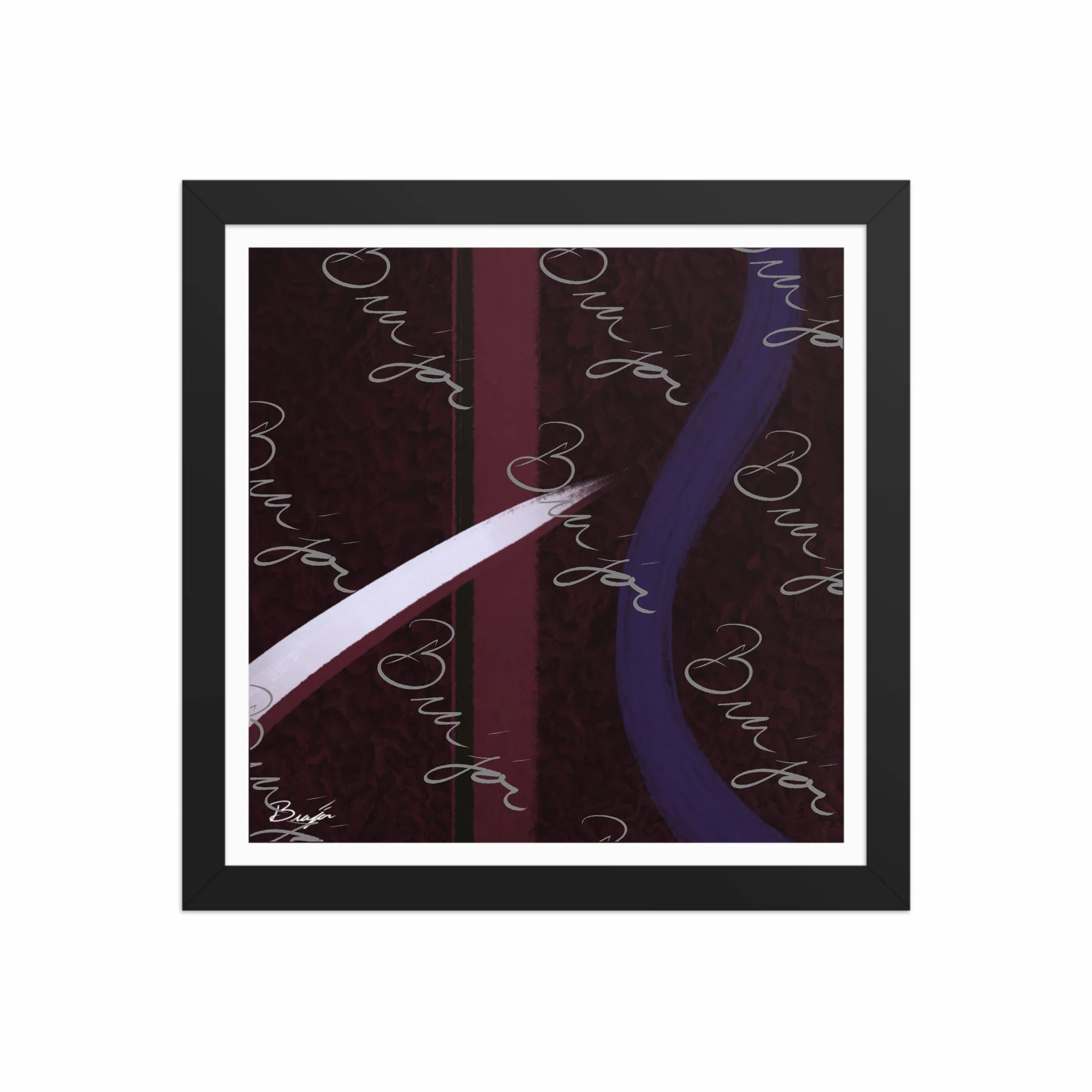 12x12 Black Framed abstract artwork titled The Walk designed by the digital abstract artist Bra'jor. Artwork includes the colors Maroon, Black, Purple, and White