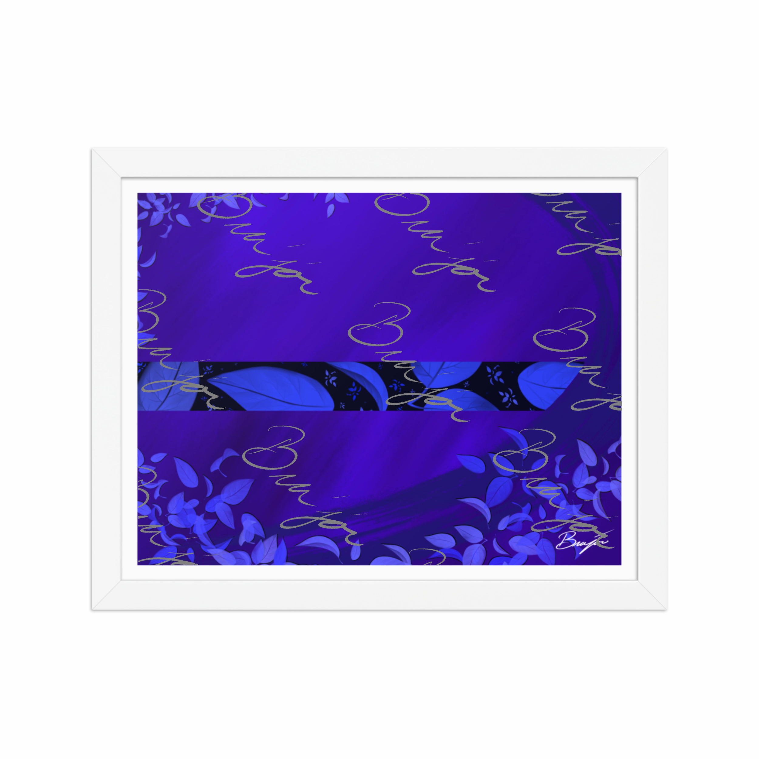 11x14 White Framed abstract artwork titled A Moment designed by the digital abstract artist Bra'jor. Artwork includes the colors Blue, Black, and Purple