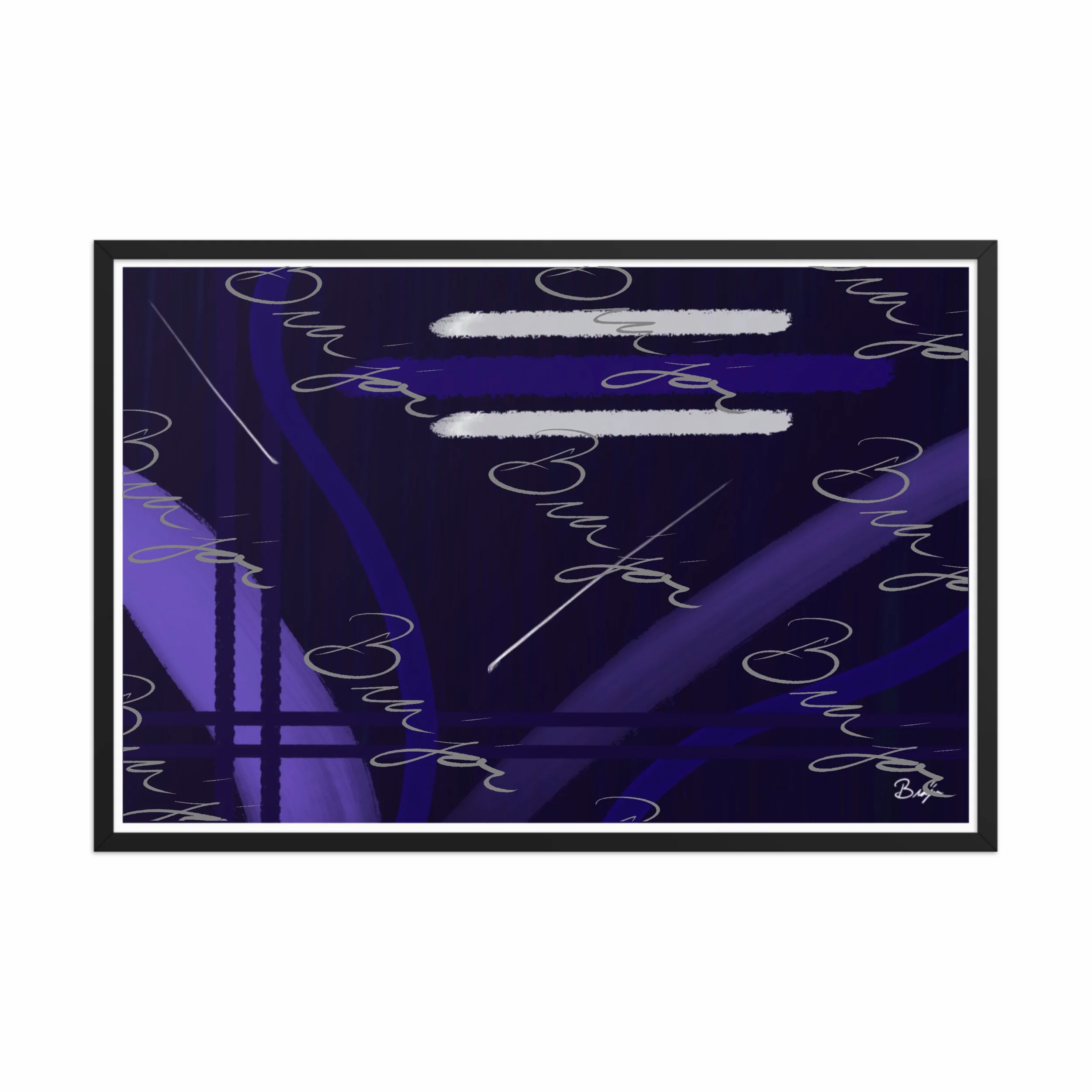24x36 Black Framed Abstract artwork titled Beneath designed by the digital abstract artist Bra'jor. Artwork includes the colors Blue, White, Purple, and Navy
