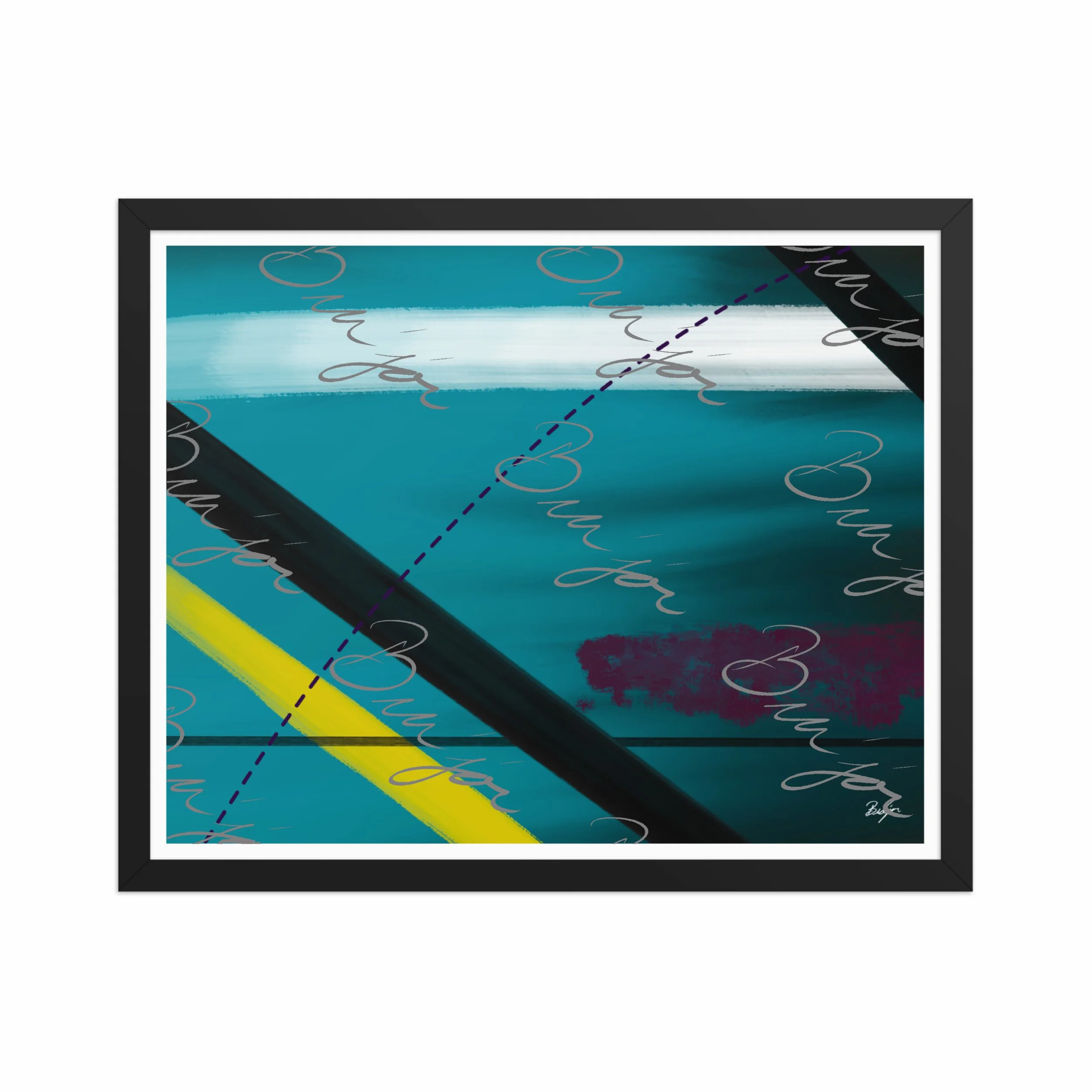 16x20 Black Framed Abstract artwork titled First designed by the digital abstract artist Bra'jor. Artwork includes the colors Blue, Yellow, Black, Purple, and White