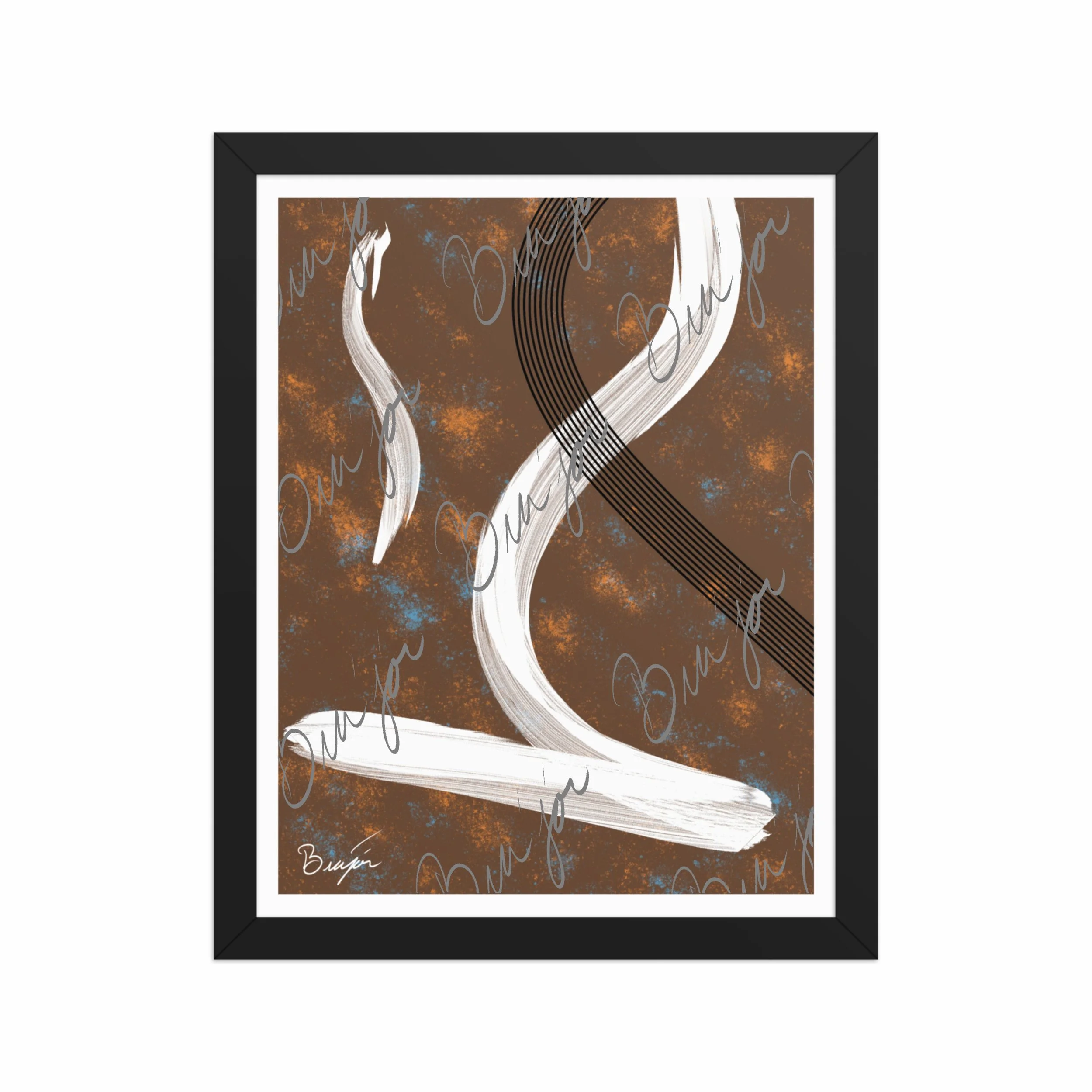 11x14 Black Framed abstract artwork titled My Heart designed by the digital abstract artist Bra'jor. Artwork includes the colors Brown, Orange, Blue, White, and Black