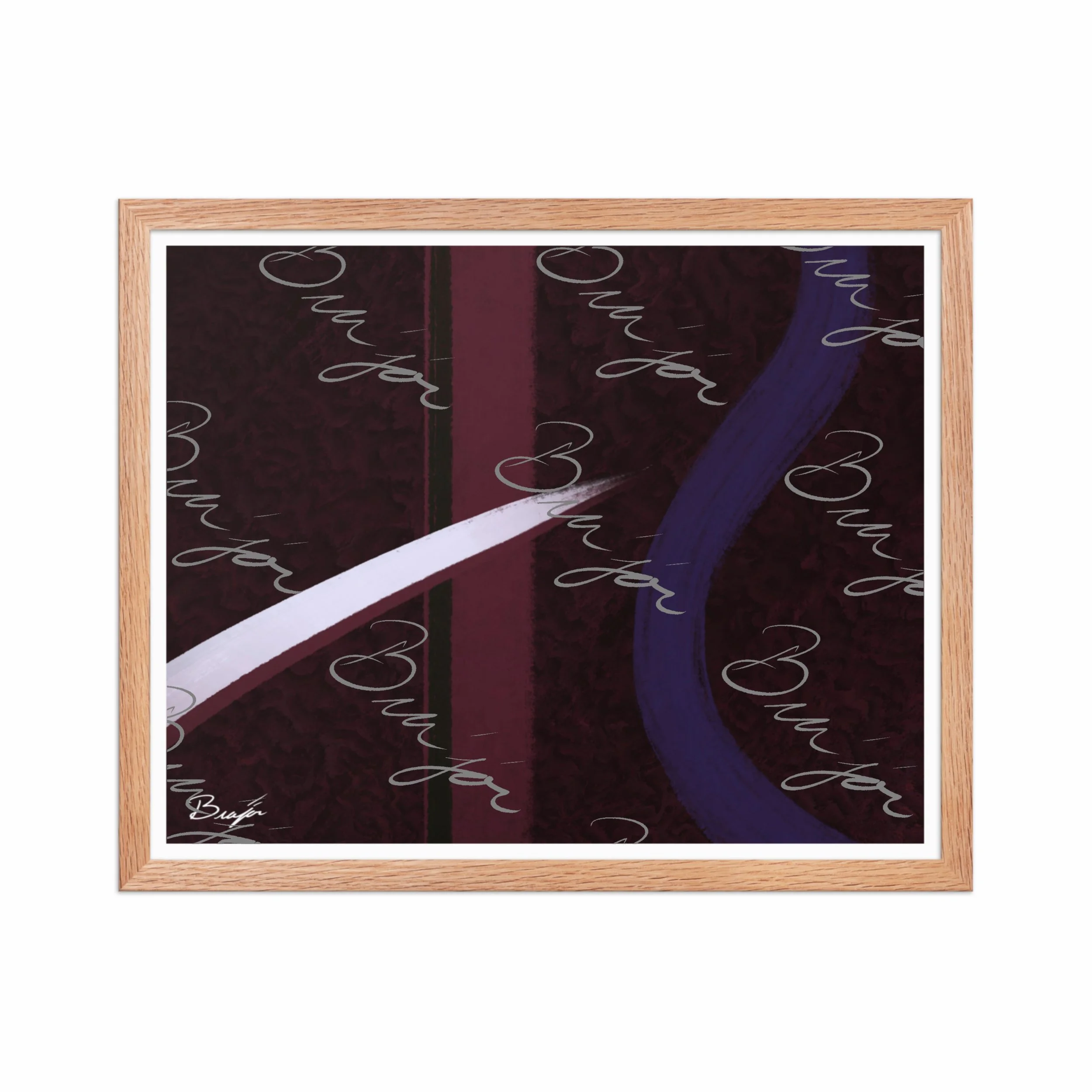 16x20 Red Oak Framed abstract artwork titled The Walk designed by the digital abstract artist Bra'jor. Artwork includes the colors Maroon, Black, Purple, and White