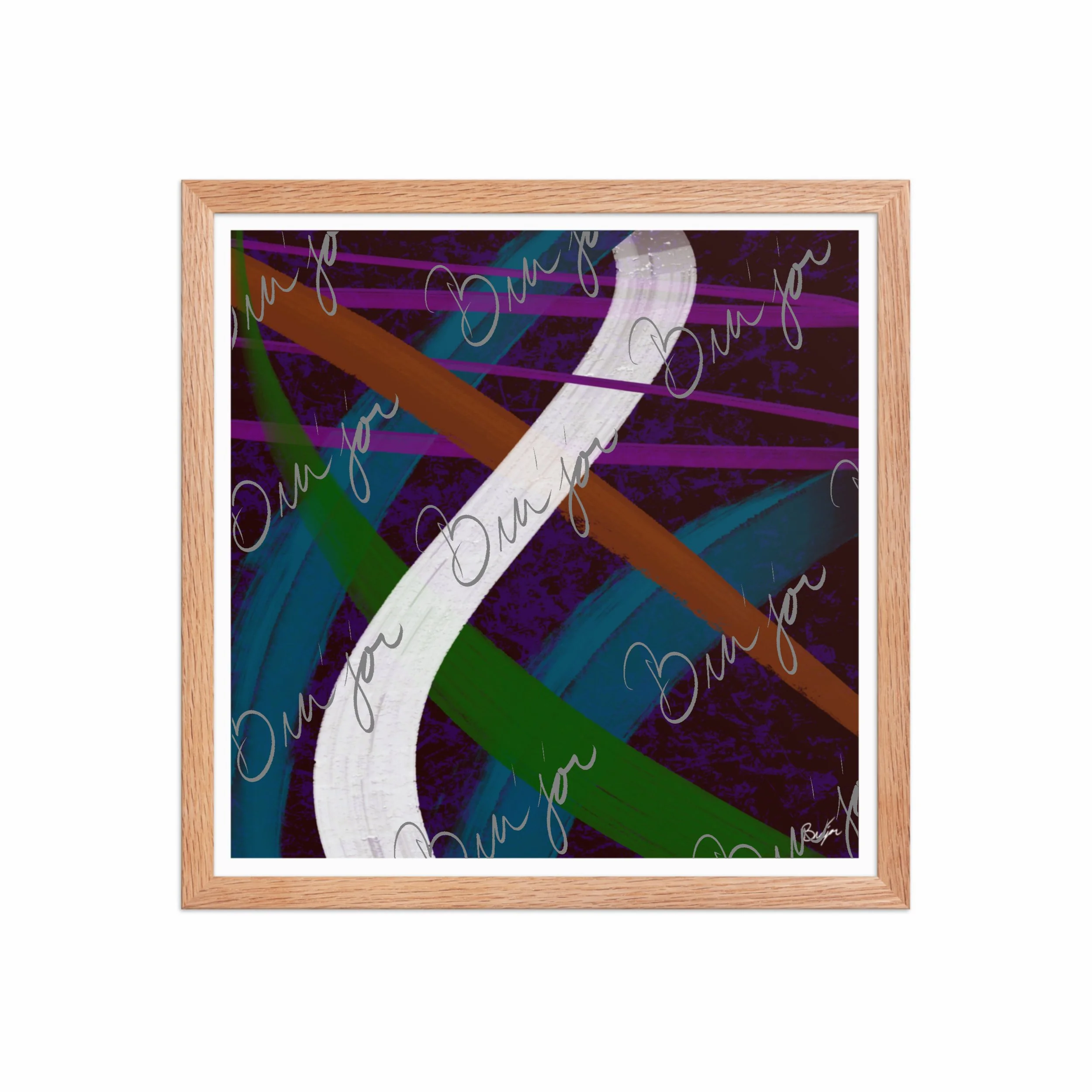 16x16 Red Oak Framed Abstract artwork titled Adventures designed by the digital abstract artist Bra'jor. Artwork includes the colors Purple, Blue, Orange, and White