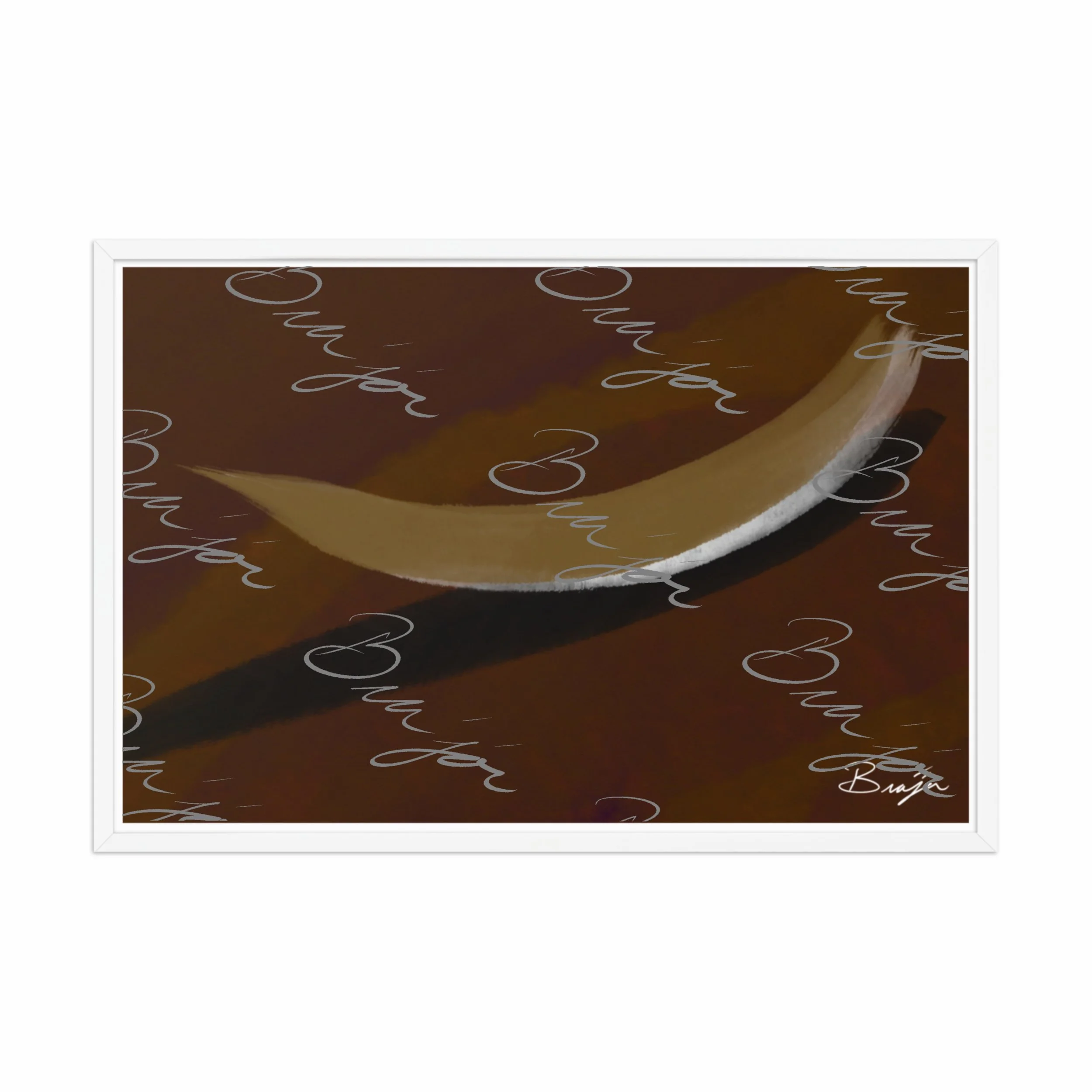 24x36 White Framed abstract artwork titled Always There designed by the digital abstract artist Bra'jor. Artwork includes the colors Brown, Tan, White, and Black with a Purple undertone