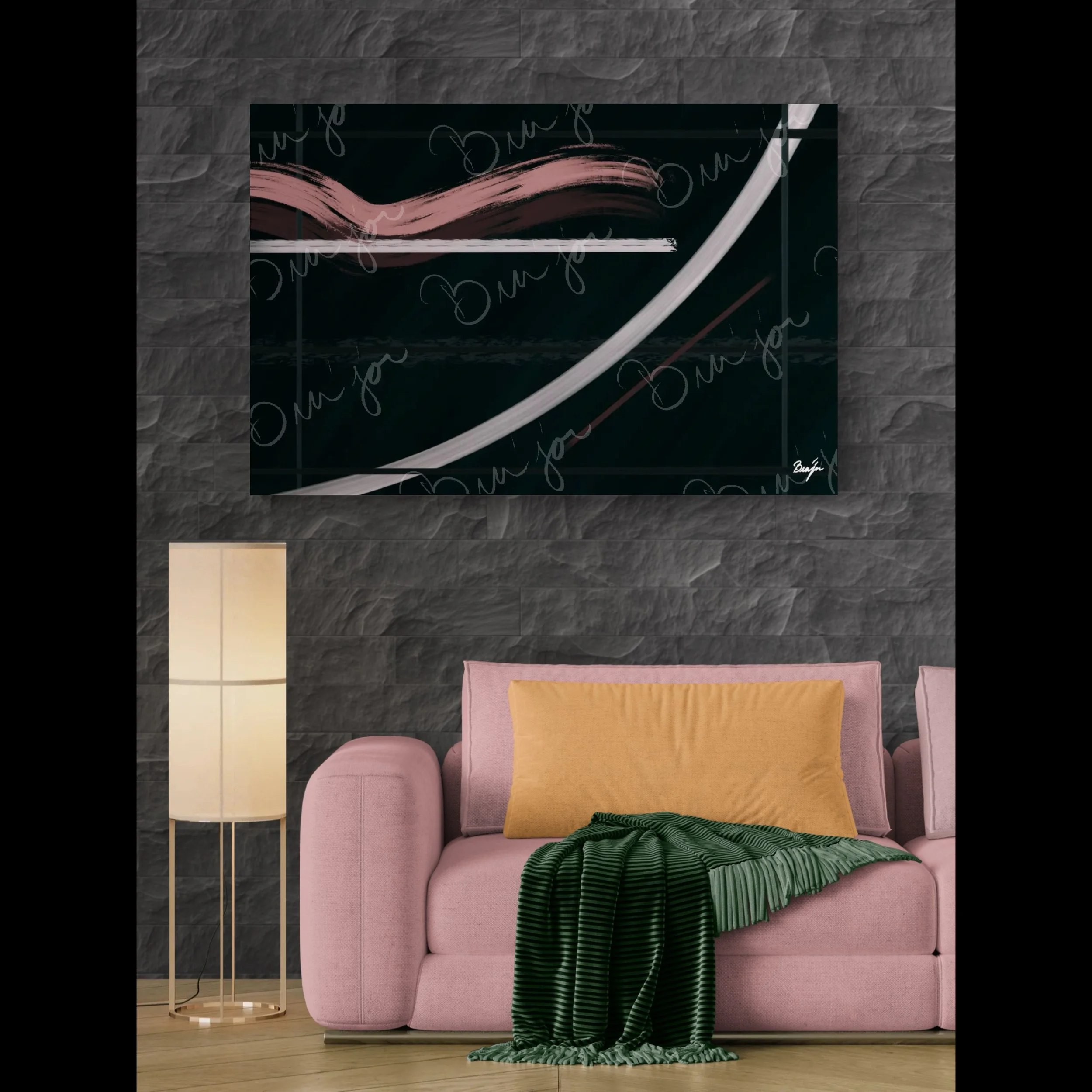 XL Canvas Abstract artwork titled Together designed by the digital abstract artist Bra'jor. Artwork includes the colors Brown, Pink, Green, and White