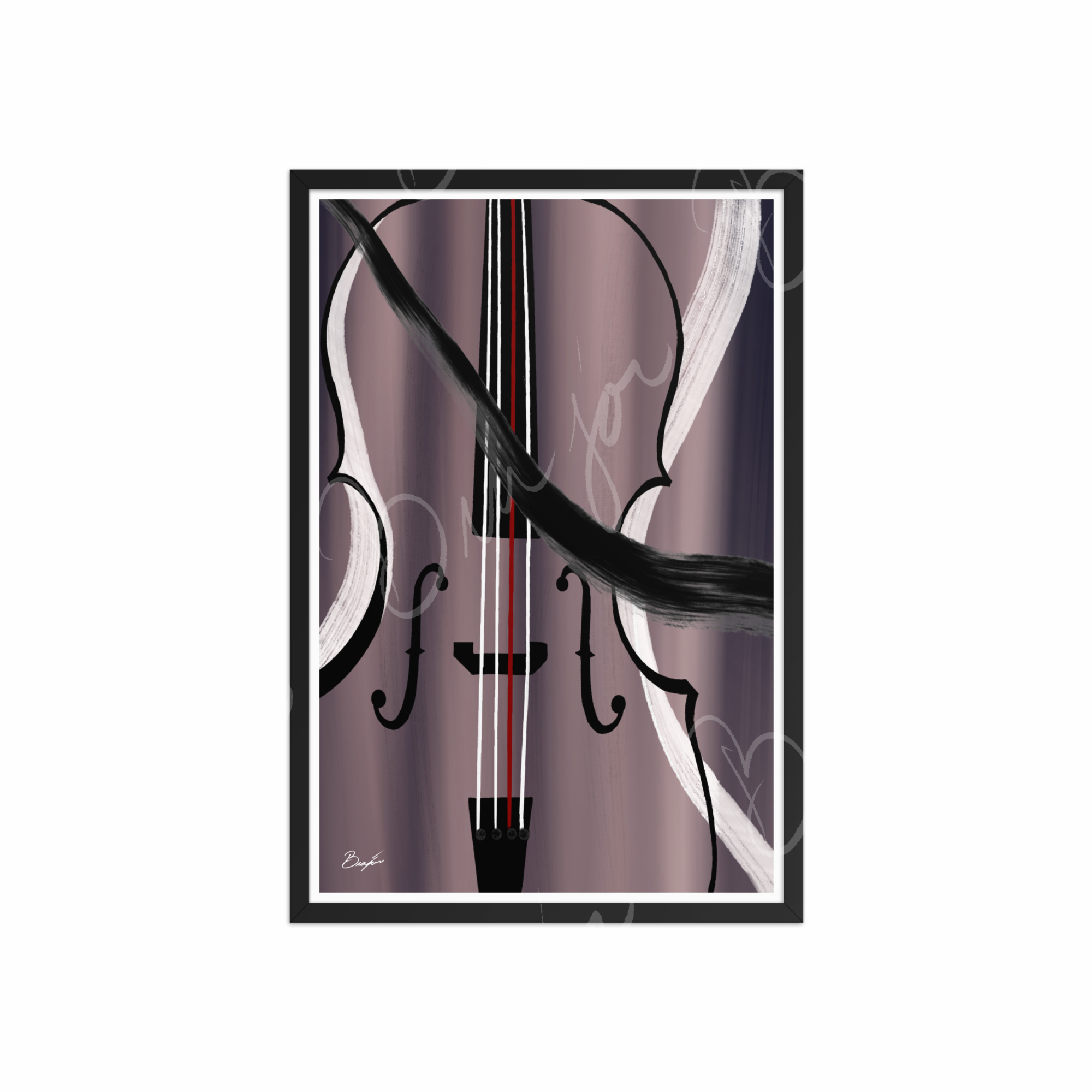 20x30 Black Framed Abstract artwork titled First Love designed by the digital abstract artist Bra'jor. Artwork includes the colors Black, White, Gray, violet, Mauve, and Red