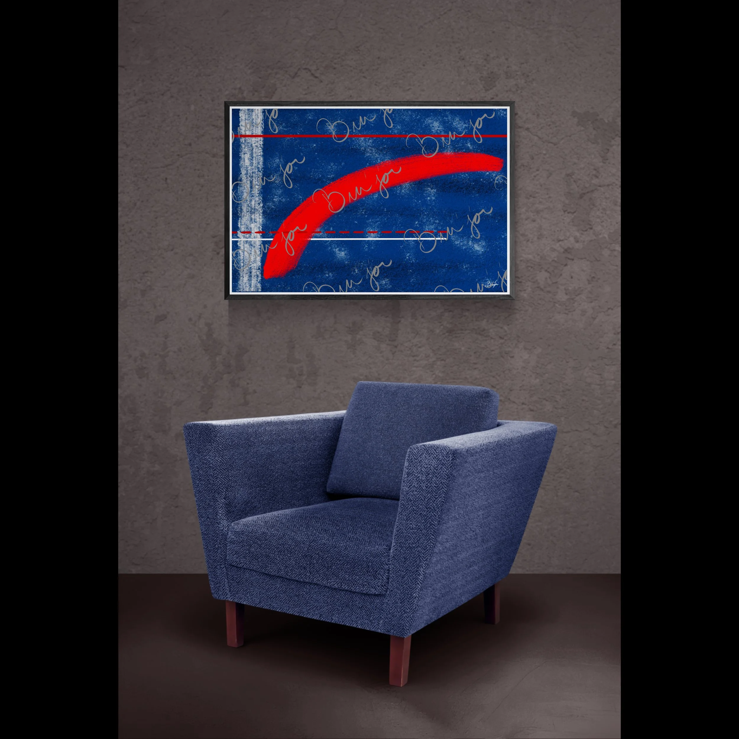 Framed abstract artwork titled Be Bold designed by the digital abstract artist Bra'jor. Artwork includes the colors Blue, White, and Red