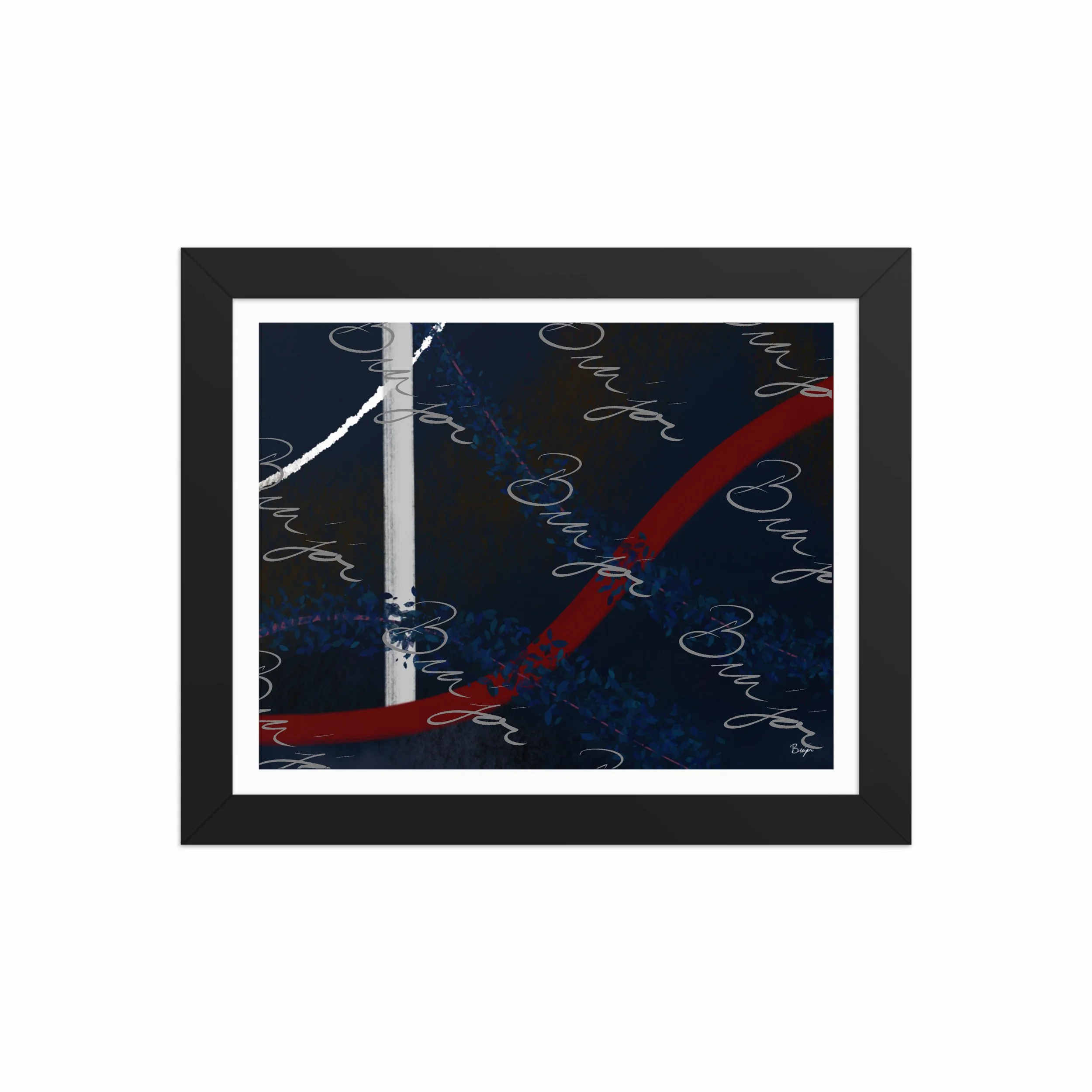 8x10 Black Framed abstract artwork titled Gloomy II designed by the digital abstract artist Bra'jor. Artwork includes the colors Blue, Red, White, Pink, and Black