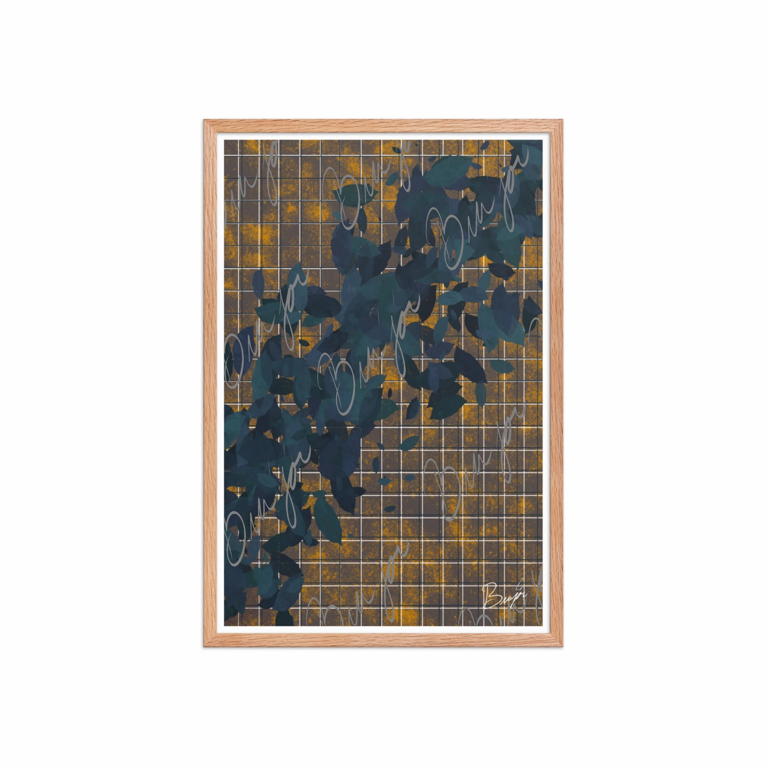 20x30 Red Oak Framed abstract artwork titled Changes designed by the digital abstract artist Bra'jor. Artwork includes the colors Blue in different dark shades, Orange, White, and Black