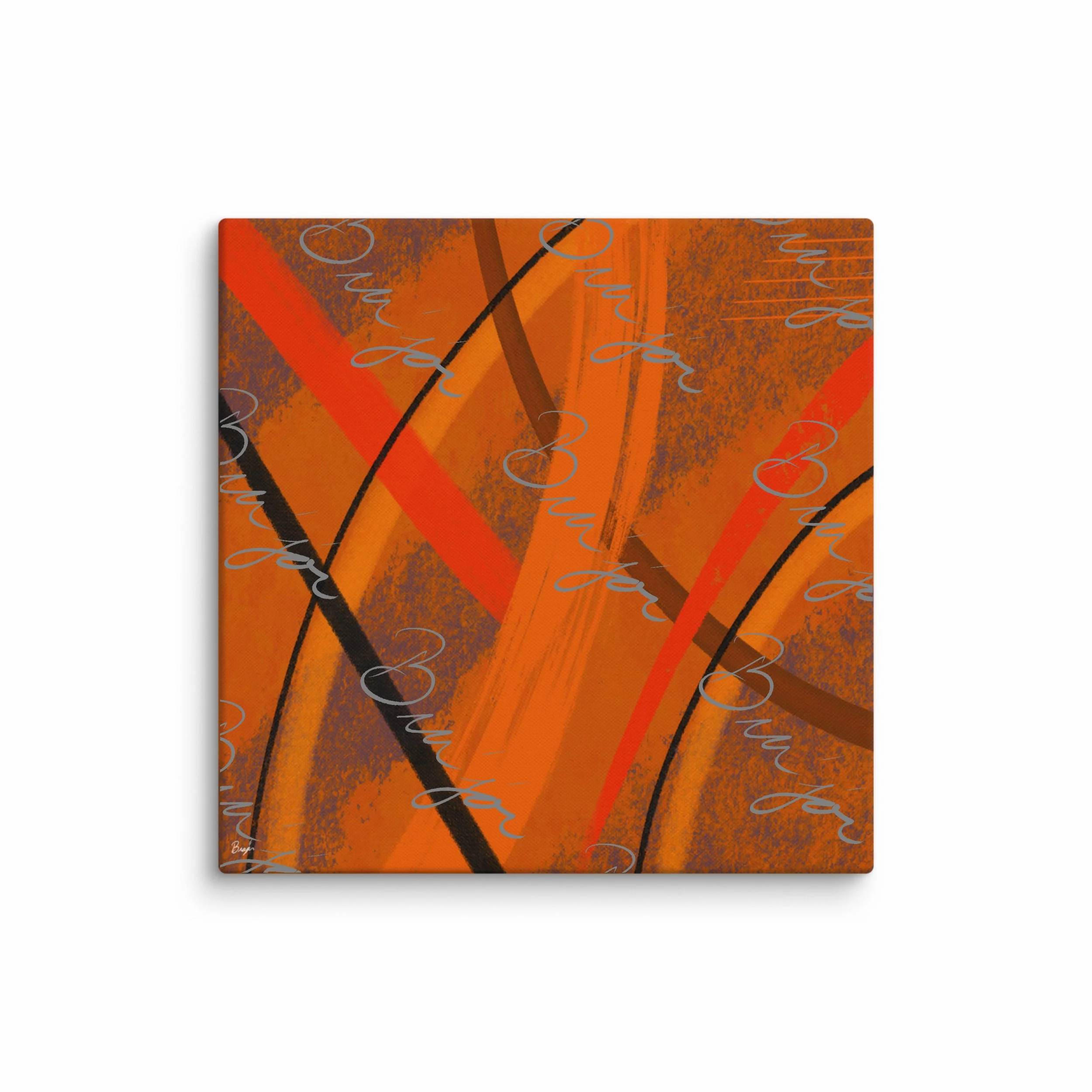 37x37 XL Canvas Abstract artwork titled Challenges designed by the digital abstract artist Bra'jor. Artwork includes the colors Orange, Brown, Blue, and Black
