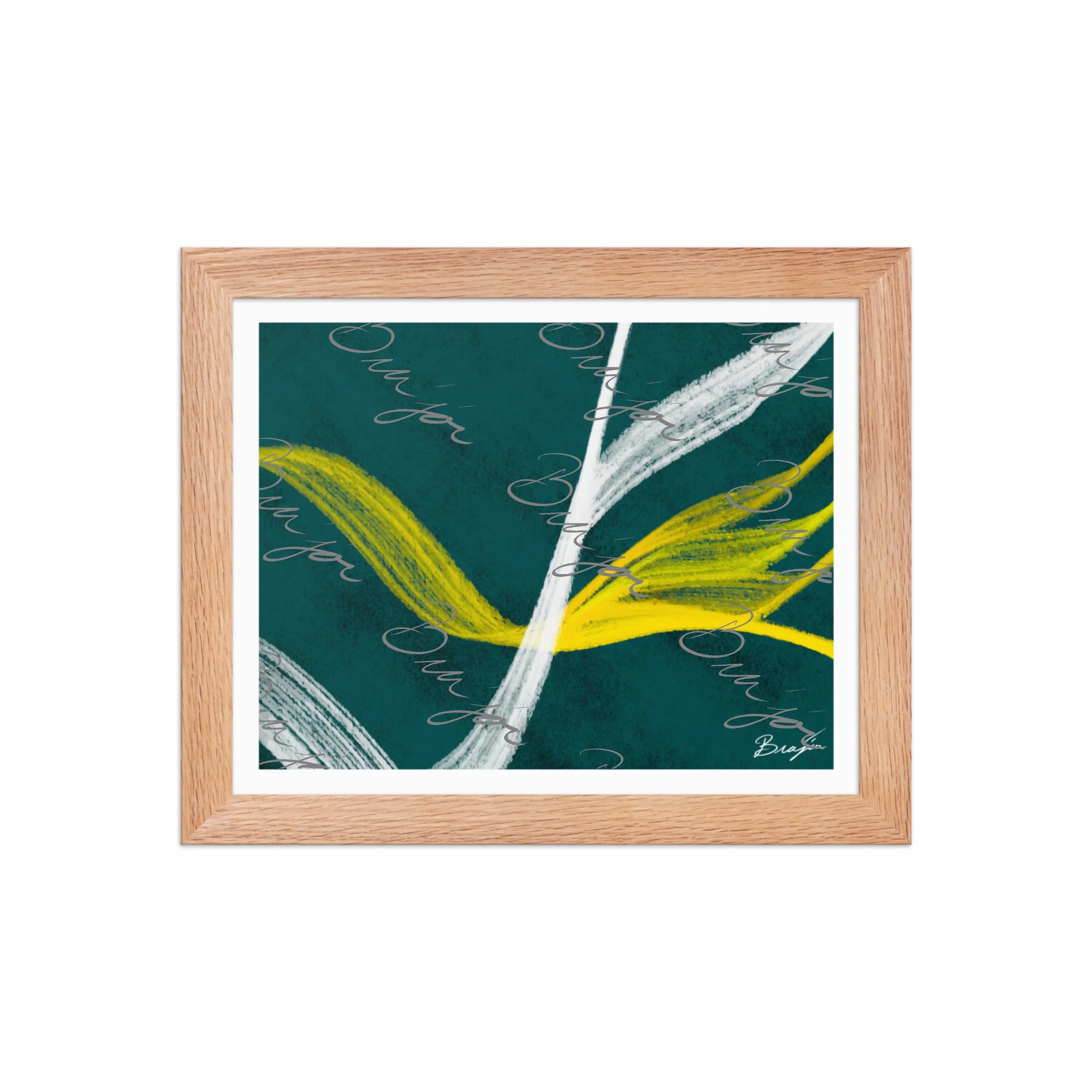 8x10 Red Oak Framed abstract artwork titled Beginnings designed by the digital abstract artist Bra'jor. Artwork includes the colors Yellow, Green, White, and Black