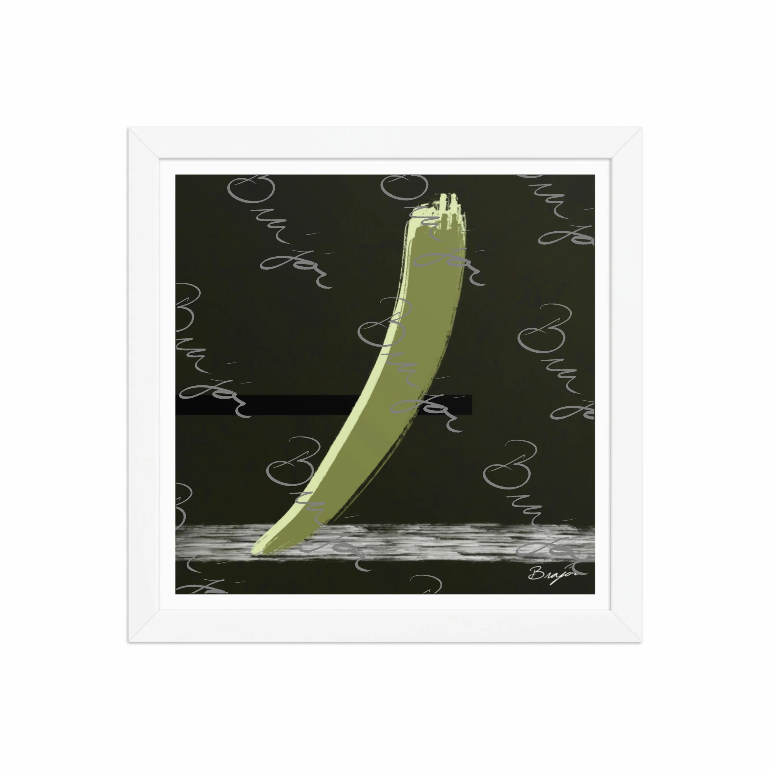 12x12 White Framed abstract artwork titled Drift designed by the digital abstract artist Bra'jor. Artwork includes the colors Green in multiple shades, Black,  White, and Gray