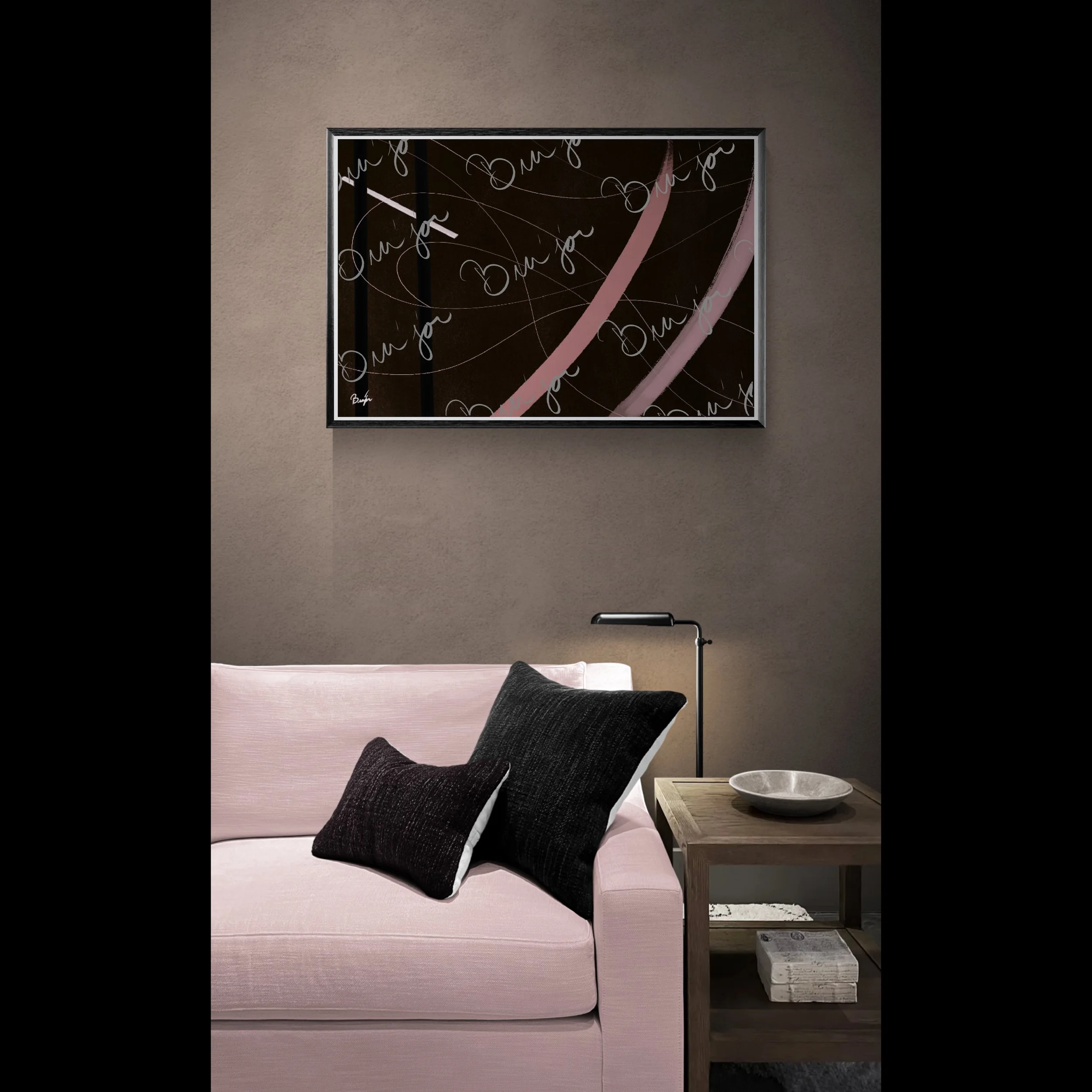 Framed abstract artwork titled Beholder designed by the digital abstract artist Bra'jor. Artwork includes the colors Brown, Pink, Black, and White