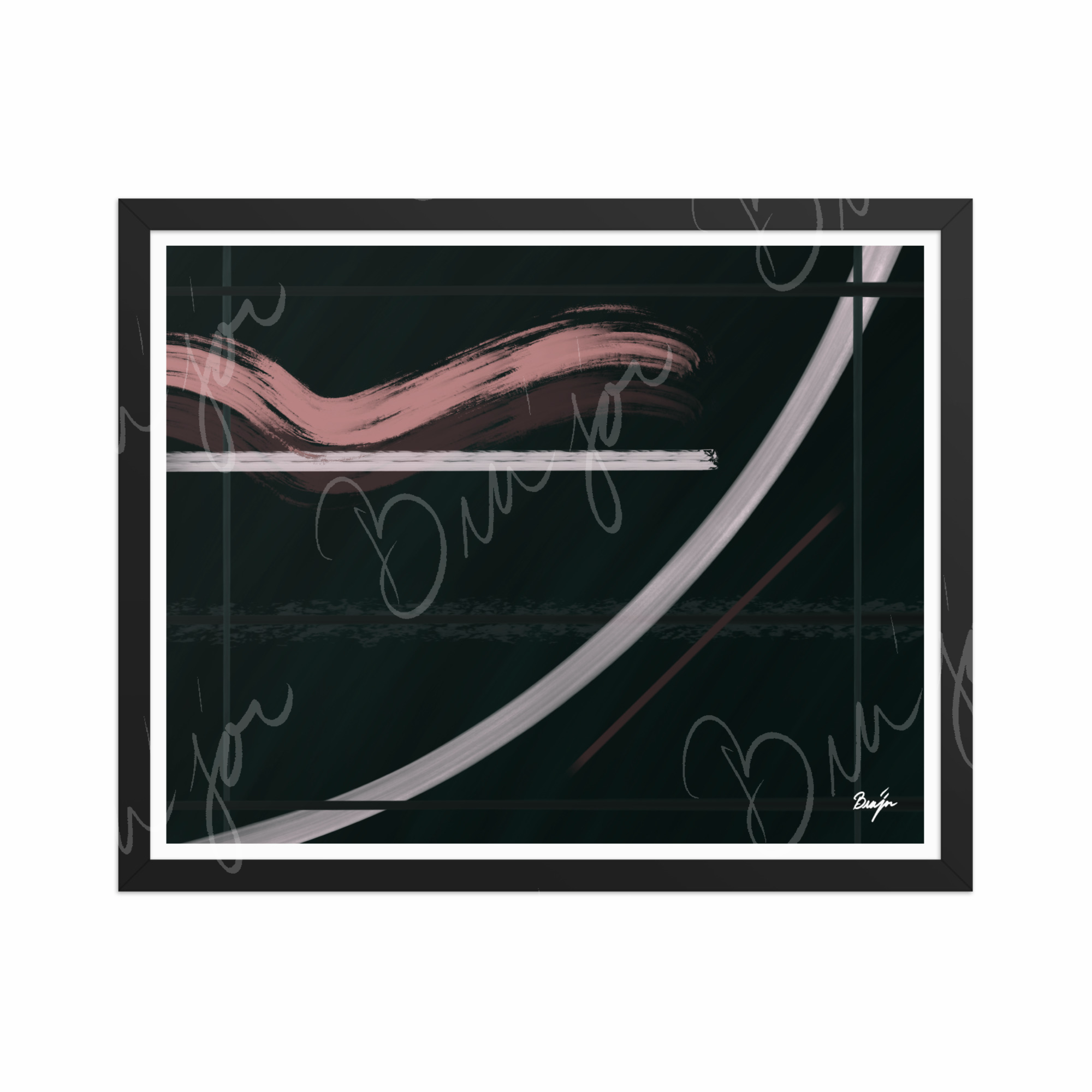 16x20 Black Framed Abstract artwork titled Together designed by the digital abstract artist Bra'jor. Artwork includes the colors Brown, Pink, Green, and White