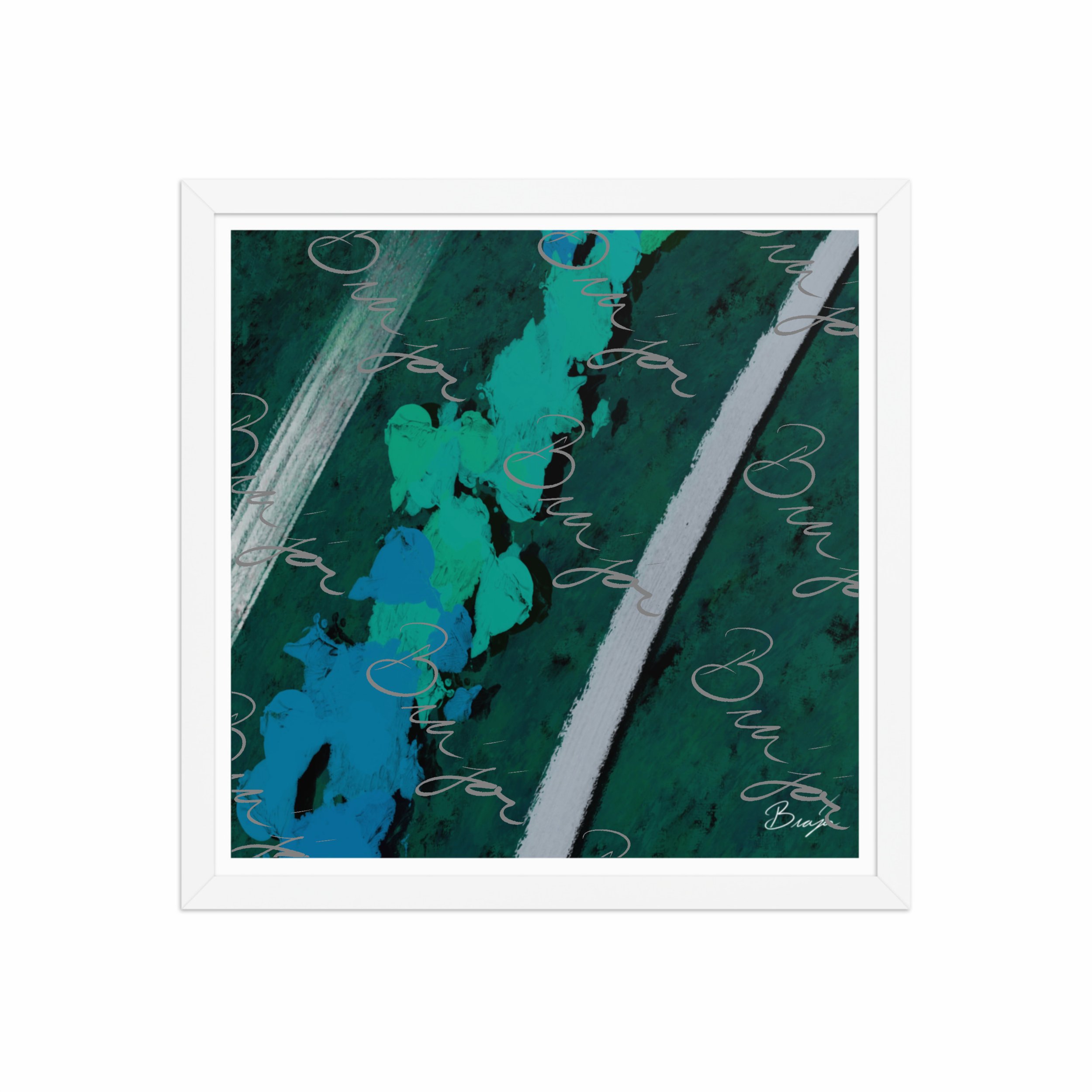 16x16 White Framed abstract artwork titled Breathe designed by the digital abstract artist Bra'jor. Artwork includes the colors Green, Blue, Black, and White