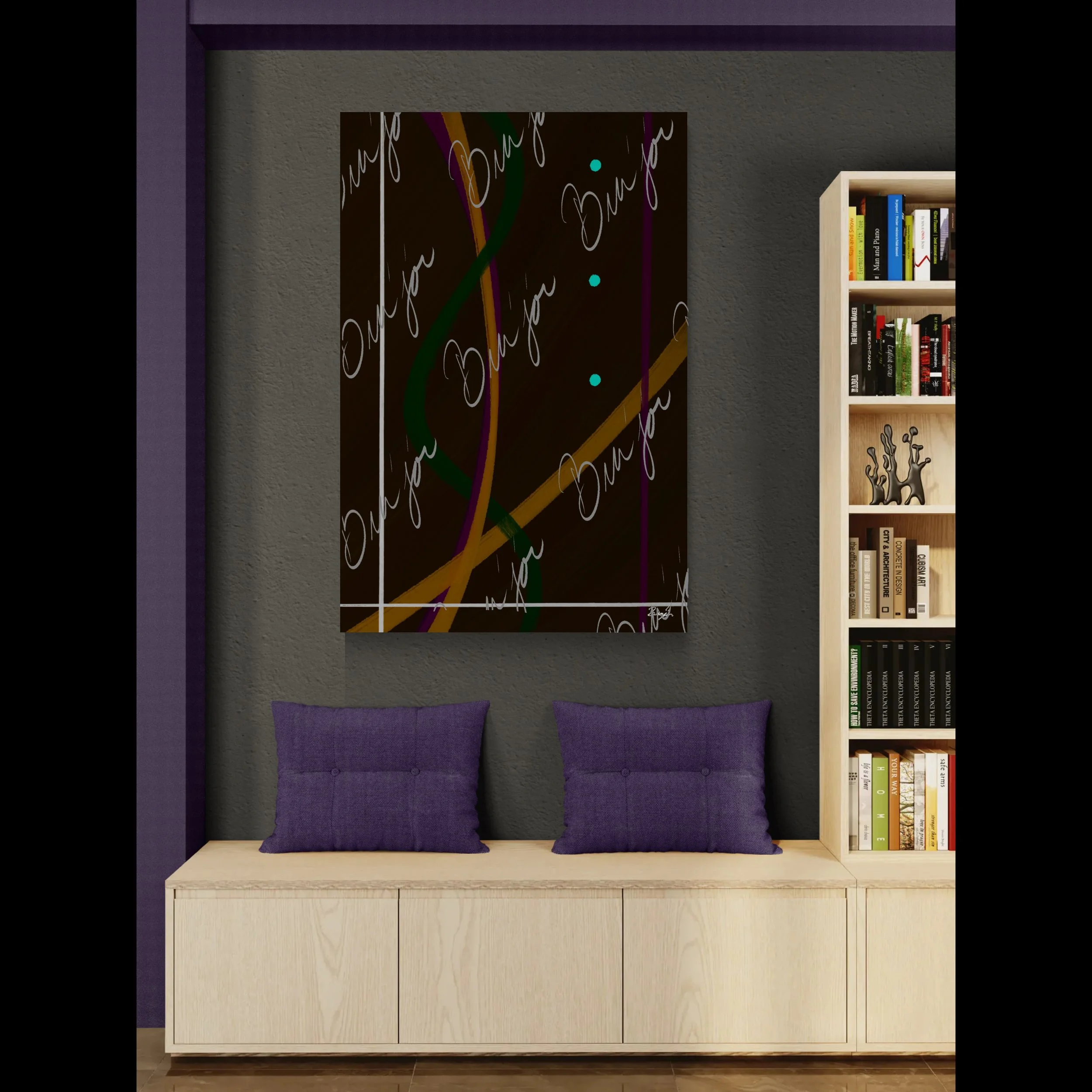 XL Canvas Abstract artwork titled Button Up designed by the digital abstract artist Bra'jor. Artwork includes the colors Orange, Purple, Green, White, and Brown