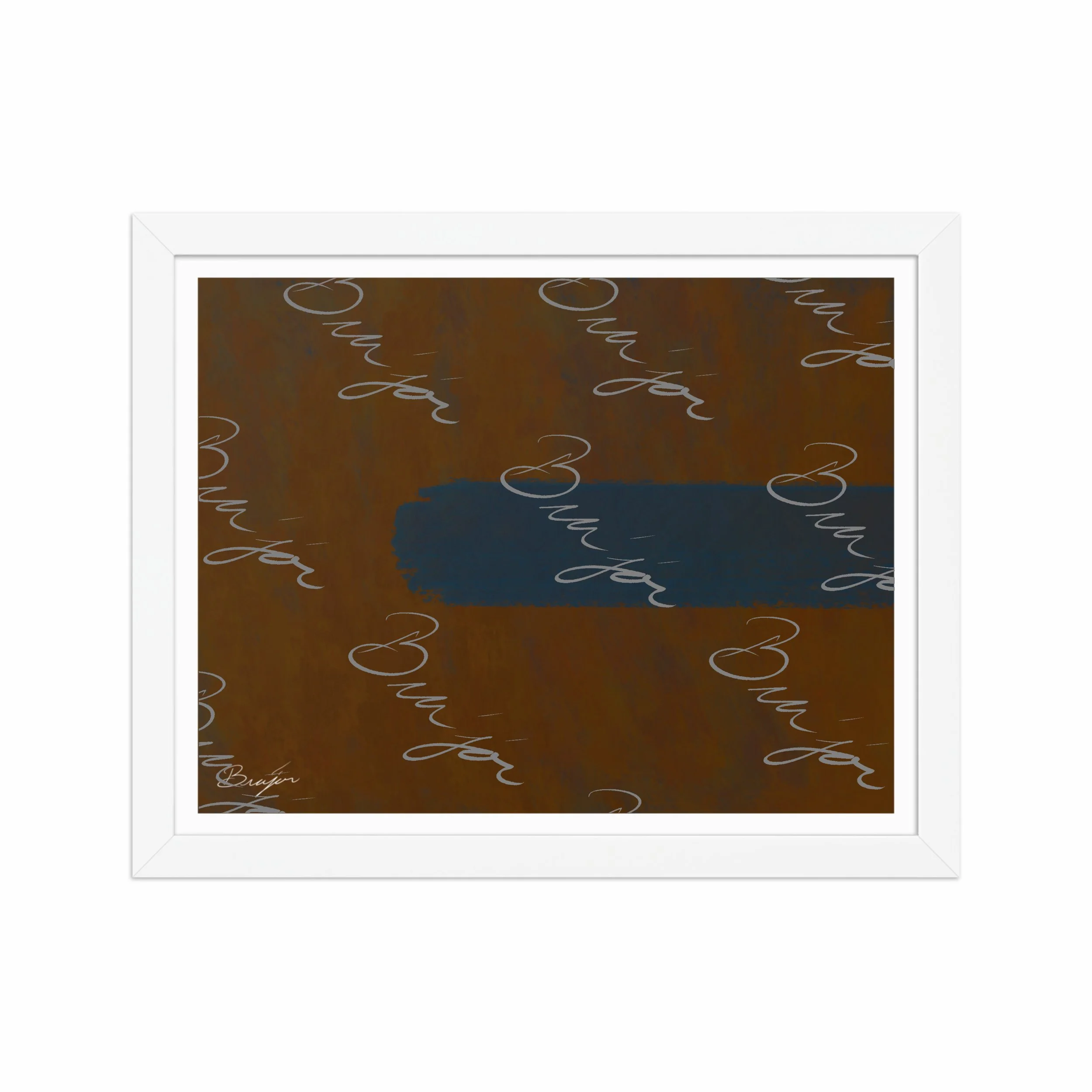 11x14 White Framed Abstract artwork titled Distraction designed by the digital abstract artist Bra'jor. Artwork includes the colors Brown, Blue, and Orange