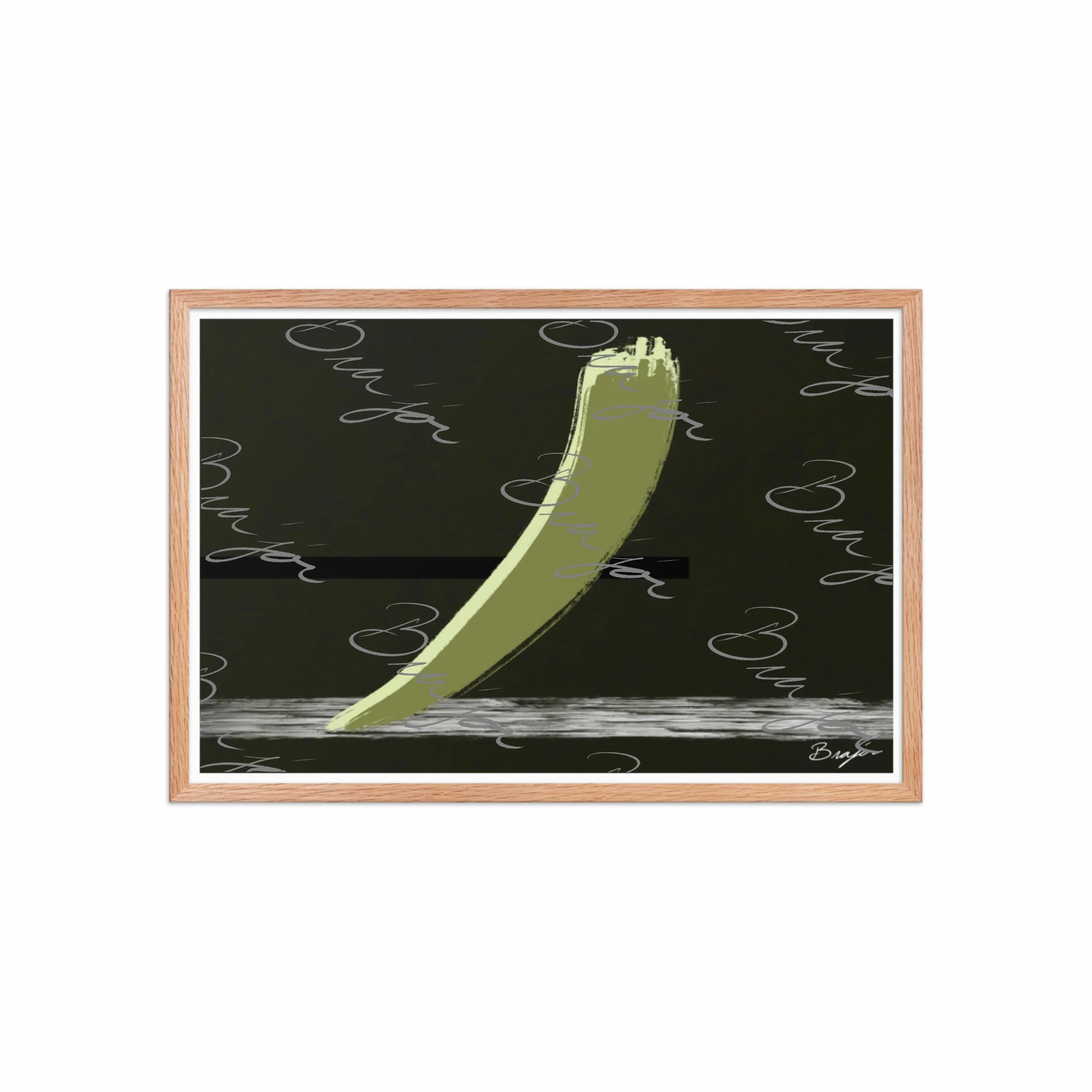 20x30 Red Oak Framed abstract artwork titled Drift designed by the digital abstract artist Bra'jor. Artwork includes the colors Green in multiple shades, Black,  White, and Gray