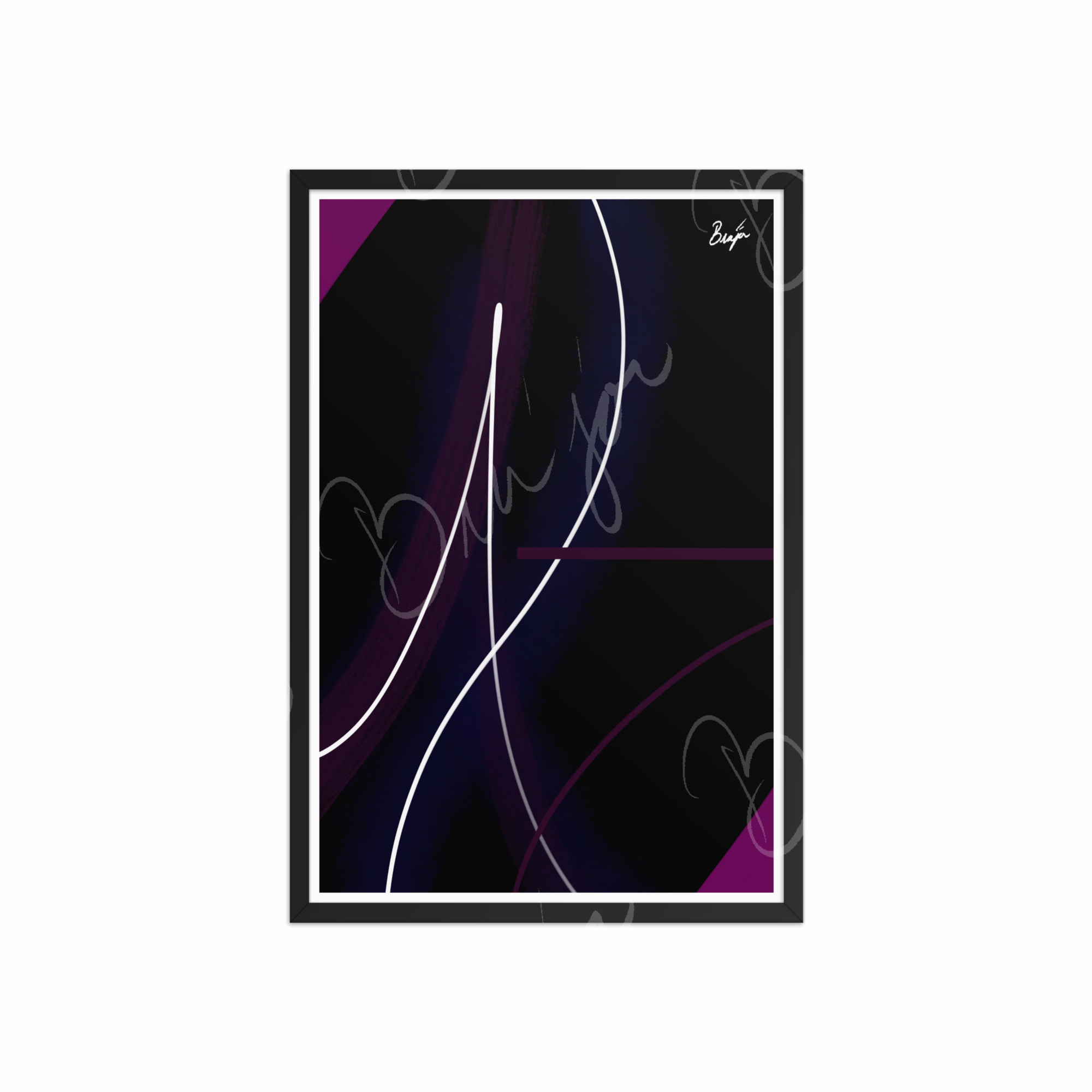 20x30 Black Framed Abstract artwork titled Poised designed by the digital abstract artist Bra'jor. Artwork includes the colors Purple, Pink, Blue, and White