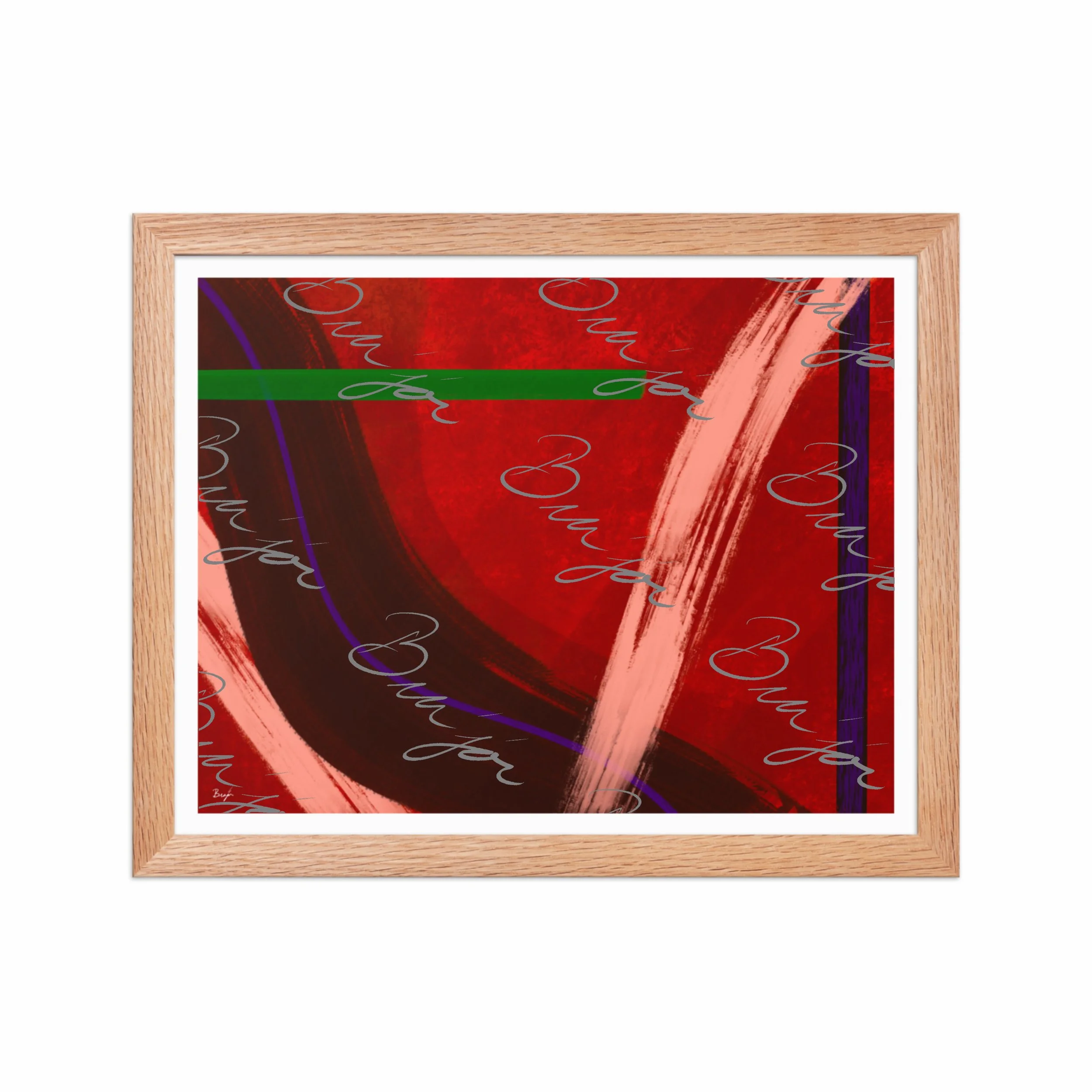 11x14 Red Oak Framed abstract artwork titled Feelings designed by the digital abstract artist Bra'jor. Artwork includes the colors Red, Orange, Purple, and Green