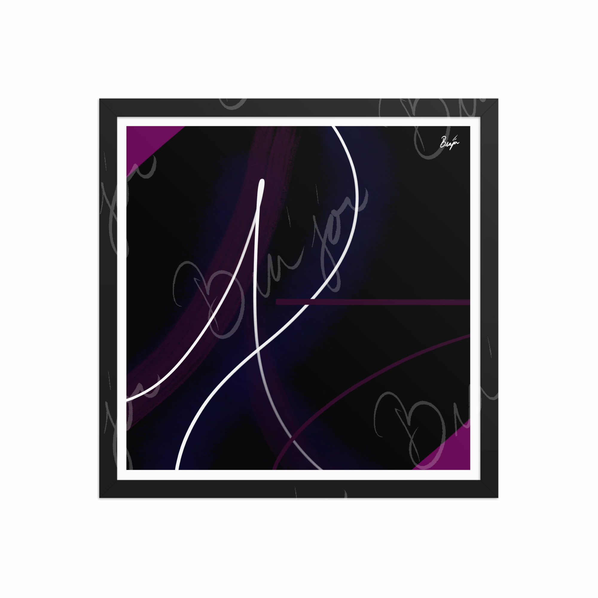 16x16 Black Framed Abstract artwork titled Poised designed by the digital abstract artist Bra'jor. Artwork includes the colors Purple, Pink, Blue, and White