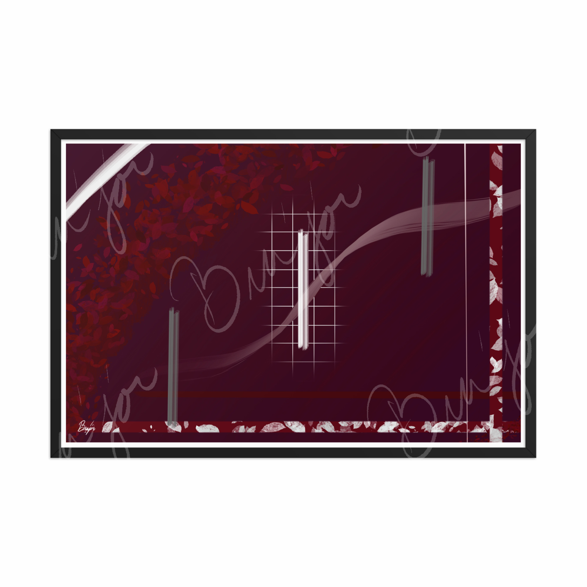 24x36 Black Framed Abstract artwork titled Shine designed by the digital abstract artist Bra'jor. Artwork includes the colors Red, Gray, Maroon, White, and Soft Pink