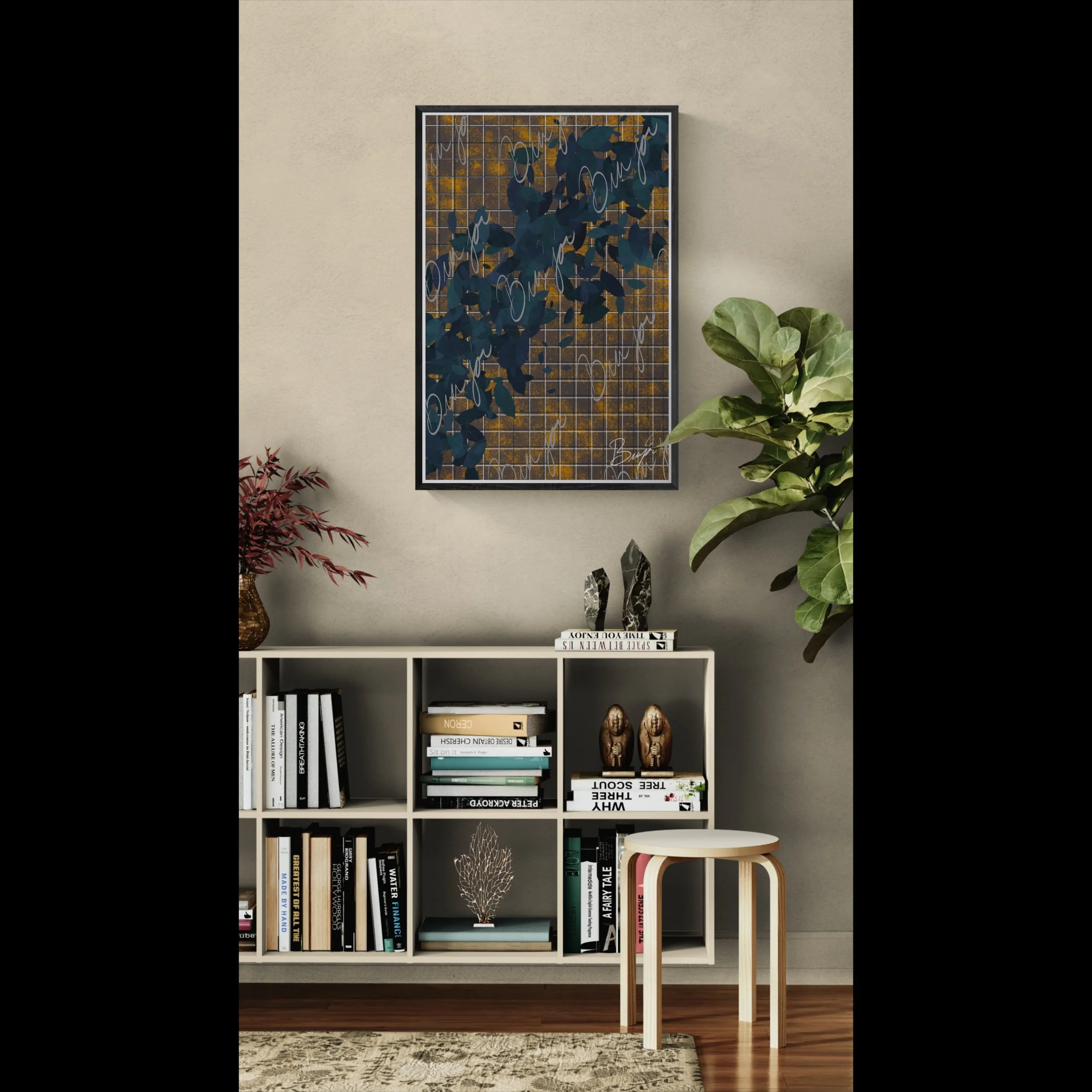 Framed abstract artwork titled Changes designed by the digital abstract artist Bra'jor. Artwork includes the colors Blue in different dark shades, Orange, White, and Black