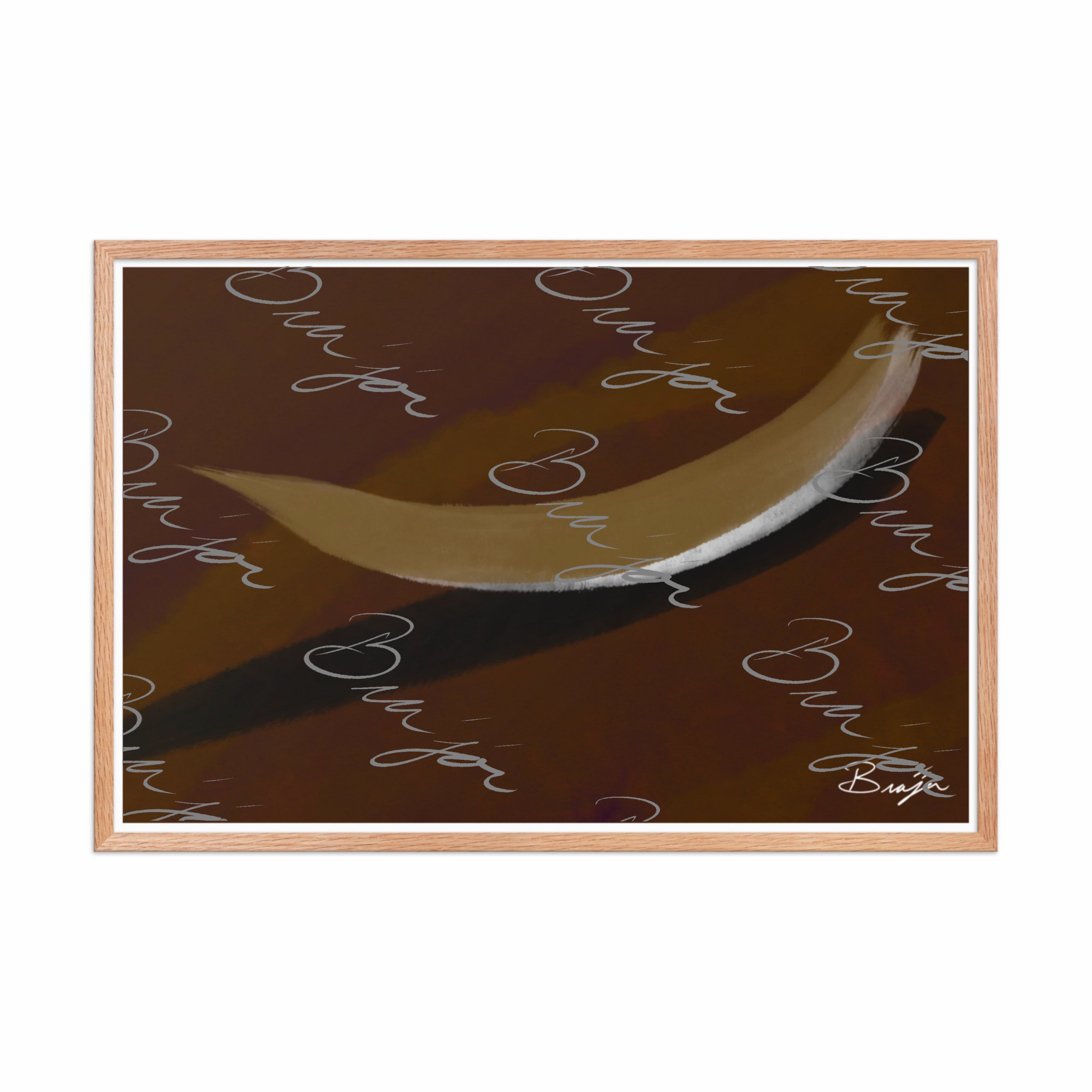 24x36 Red Oak Framed abstract artwork titled Always There designed by the digital abstract artist Bra'jor. Artwork includes the colors Brown, Tan, White, and Black with a Purple undertone