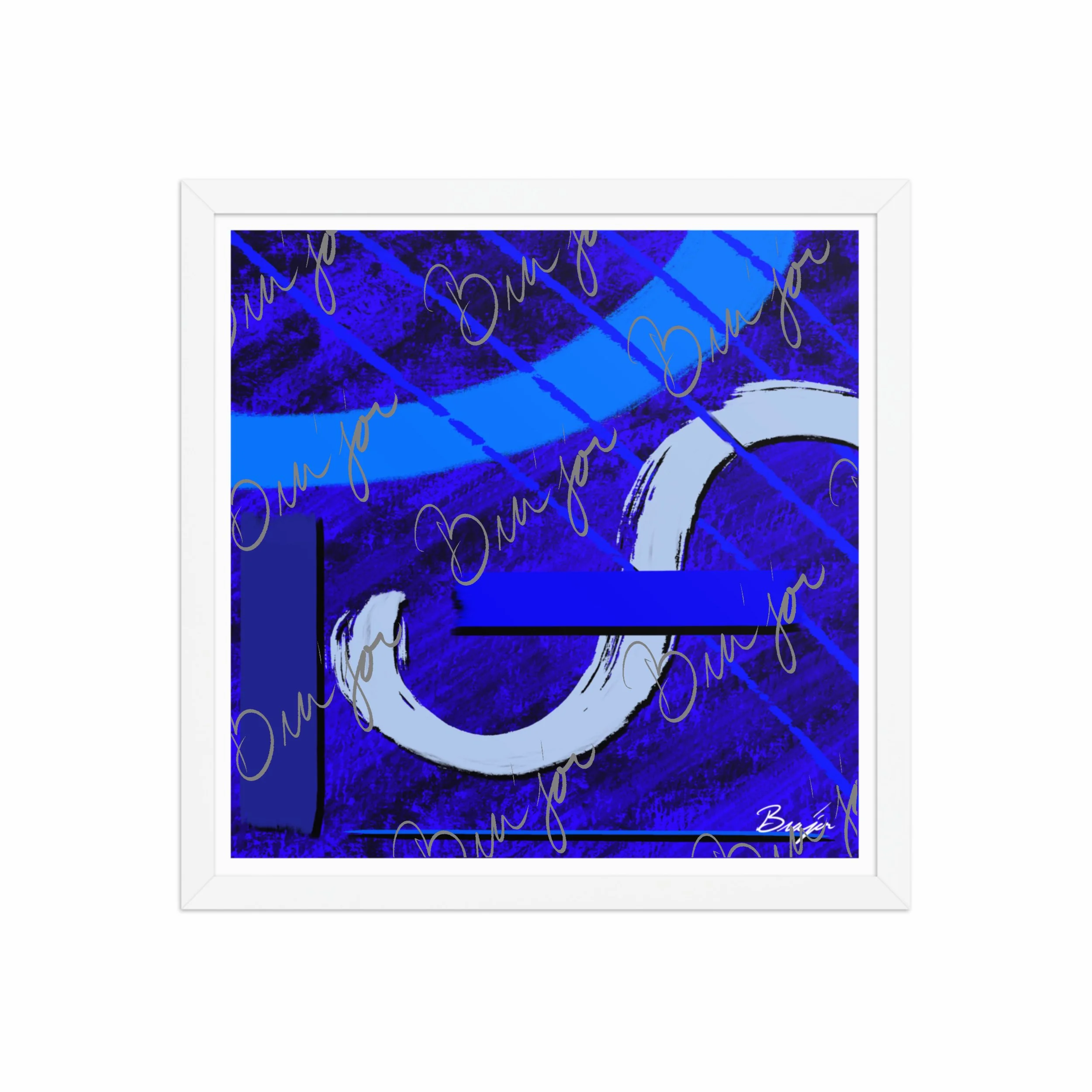 16x16 White Abstract artwork titled Undone designed by the digital abstract artist Bra'jor. Artwork includes the colors Blue, Black, Misty Blue, and Navy