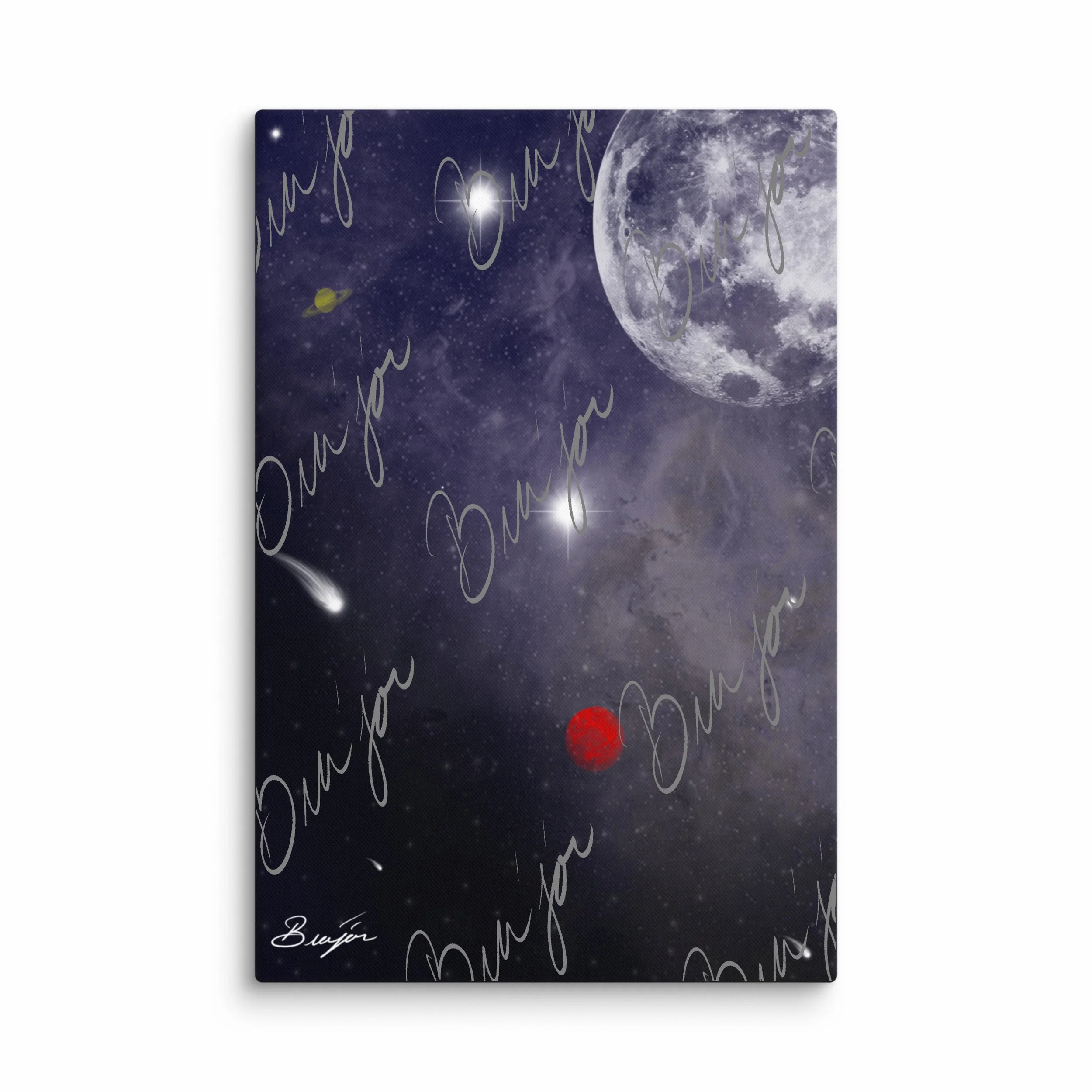 20x30 Abstract canvas artwork titled Out There designed by the digital abstract artist Bra'jor. Artwork includes the colors White, Gray, Red, Black, and Yellow