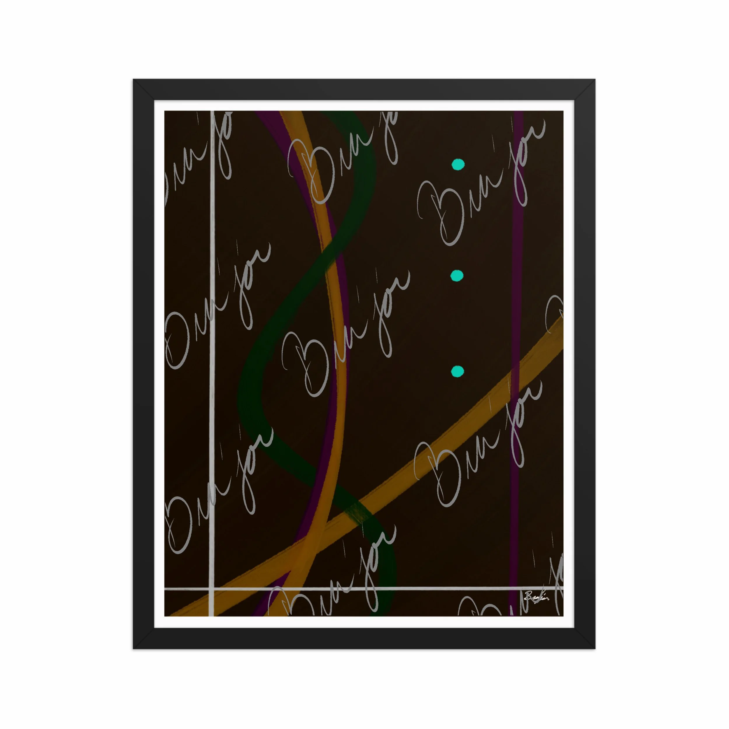 16x20 Black Framed Abstract artwork titled Button Up designed by the digital abstract artist Bra'jor. Artwork includes the colors Orange, Purple, Green, White, and Brown