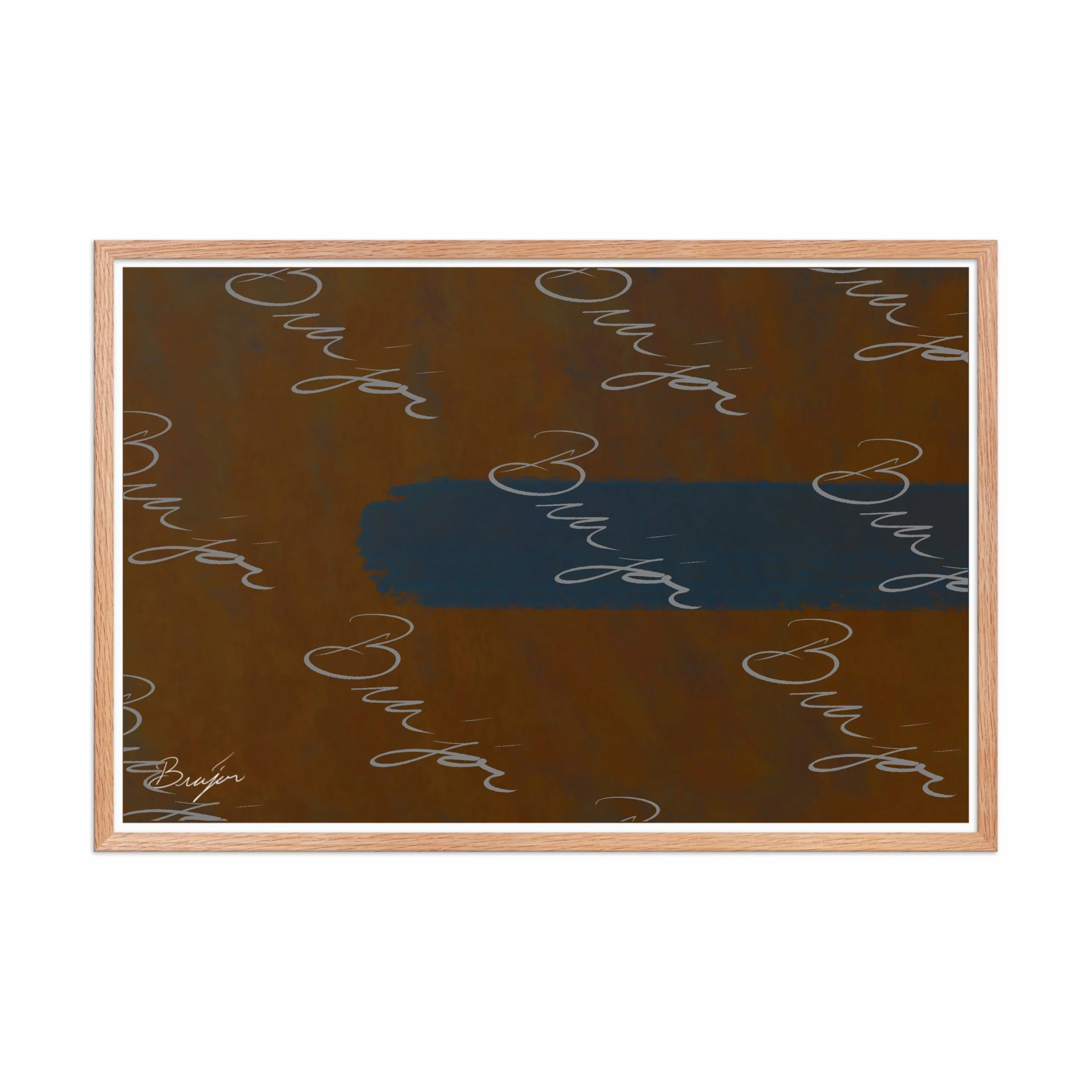 24x36 Red Oak Framed Abstract artwork titled Distraction designed by the digital abstract artist Bra'jor. Artwork includes the colors Brown, Blue, and Orange