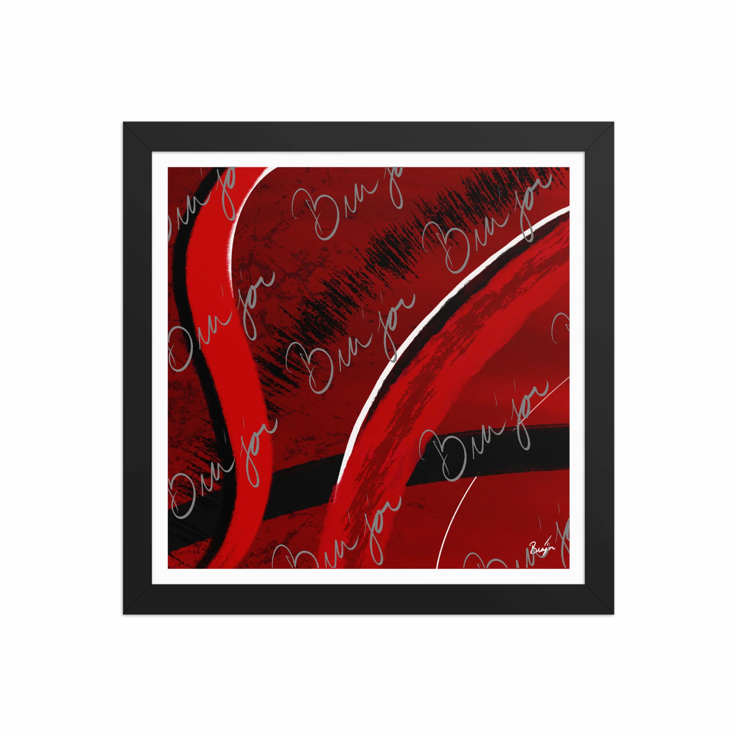 12x12 Black Framed Abstract artwork titled Feel designed by the digital abstract artist Bra'jor. Artwork includes the colors Red, Black, Blue, and White