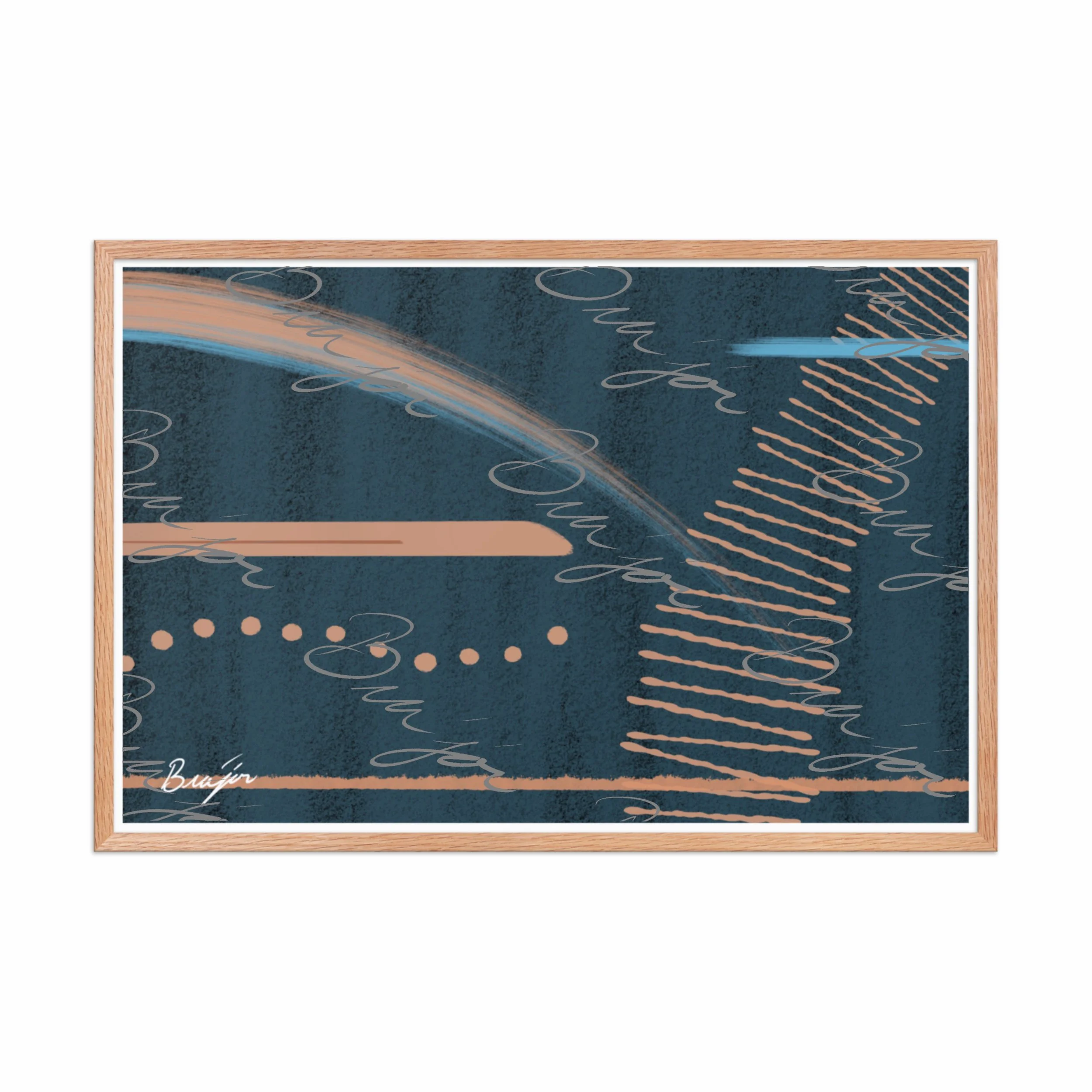 24x36 Red Oak Framed abstract artwork titled Effort designed by the digital abstract artist Bra'jor. Artwork includes the colors Black, Blue, Brown, and Tan